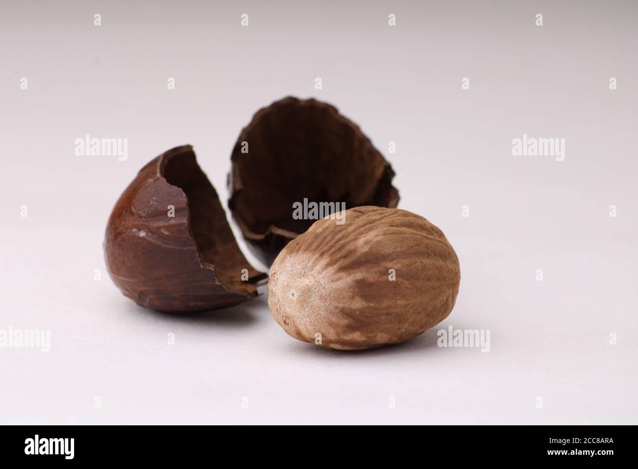 Muskatnuss-Gewürz und seine Schale isoliert auf dem weißen Hintergrund. Stockfoto