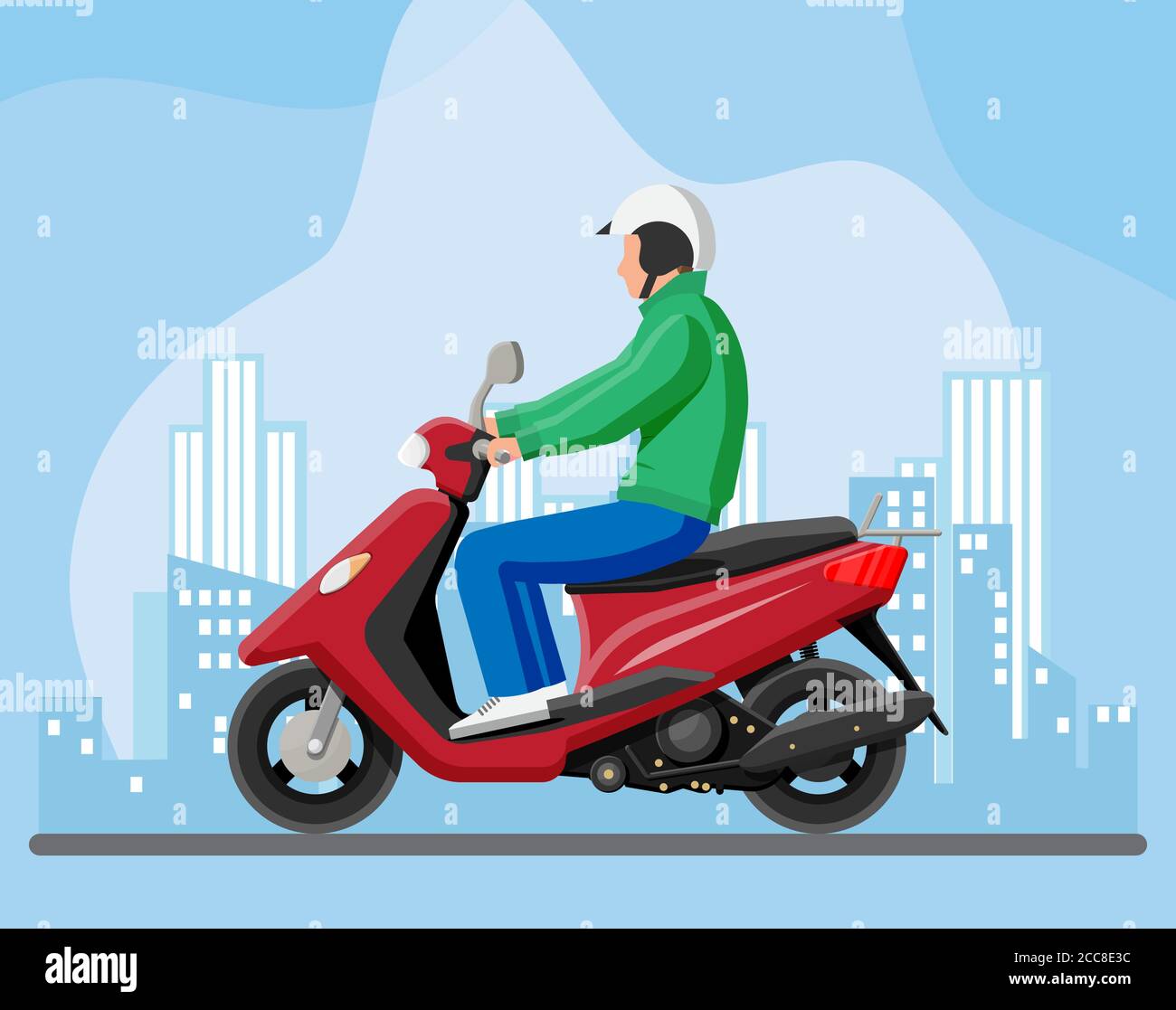 Mann auf Motorroller. Stadtfahrzeug, Stadtverkehr. Guy fahren moderne Motorrad. Stadtbild mit Gebäuden und Straße. Cartoon flache Vektor-Illustration. Stock Vektor