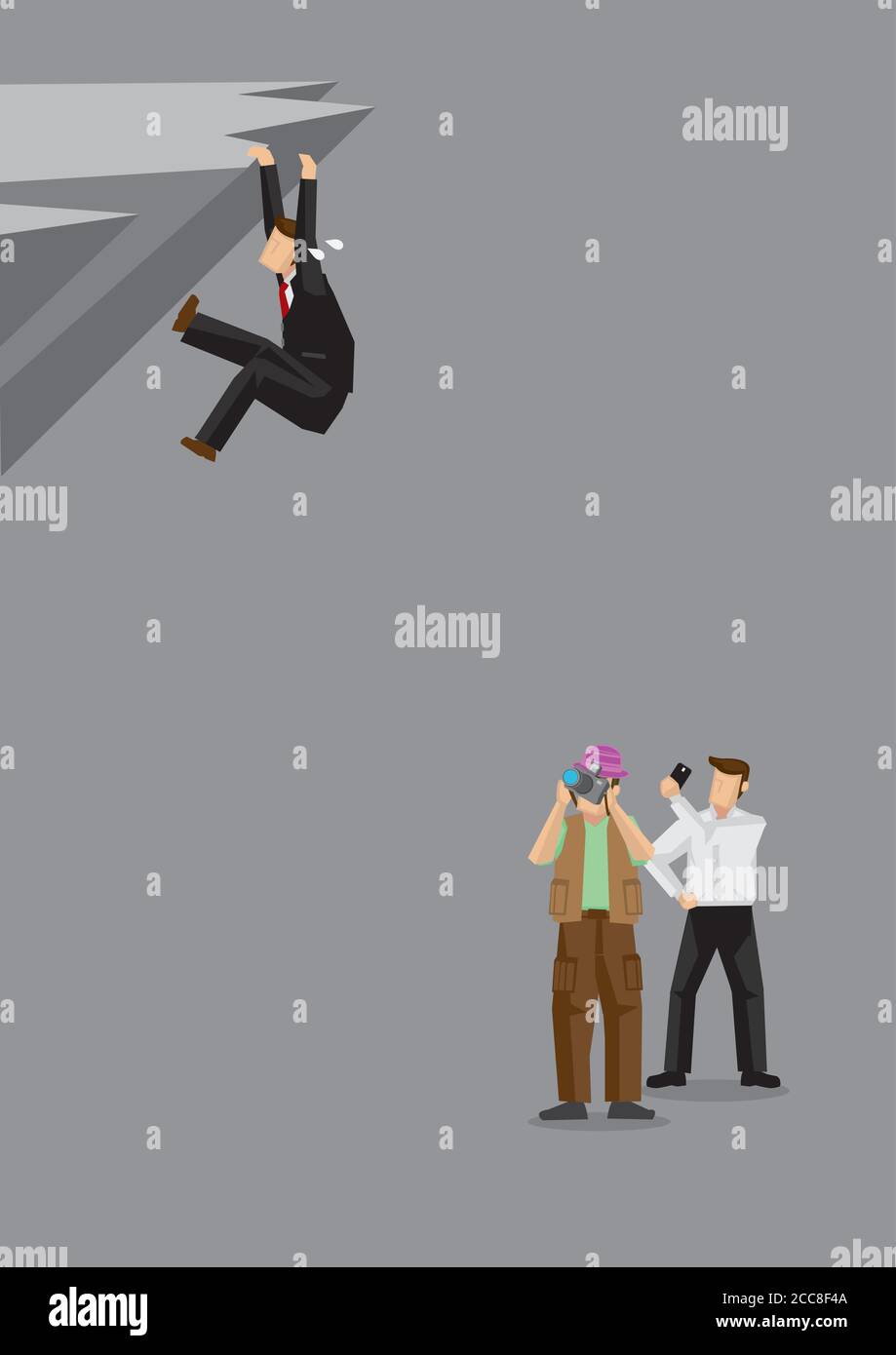Cartoon Mann kämpfen gefährlich an Klippe und Umstehenden Schnappschüsse Fotos statt zu helfen. Kreative Vektor-Illustration auf Konzept für soziale issu Stock Vektor