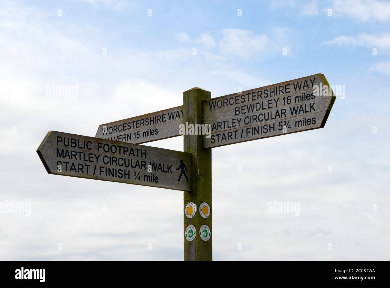 Wegweiser in der englischen Landschaft, mit Wegbeschreibungen und Entfernungen zu verschiedenen Orten in der Nähe, Wocestershire, England Stockfoto