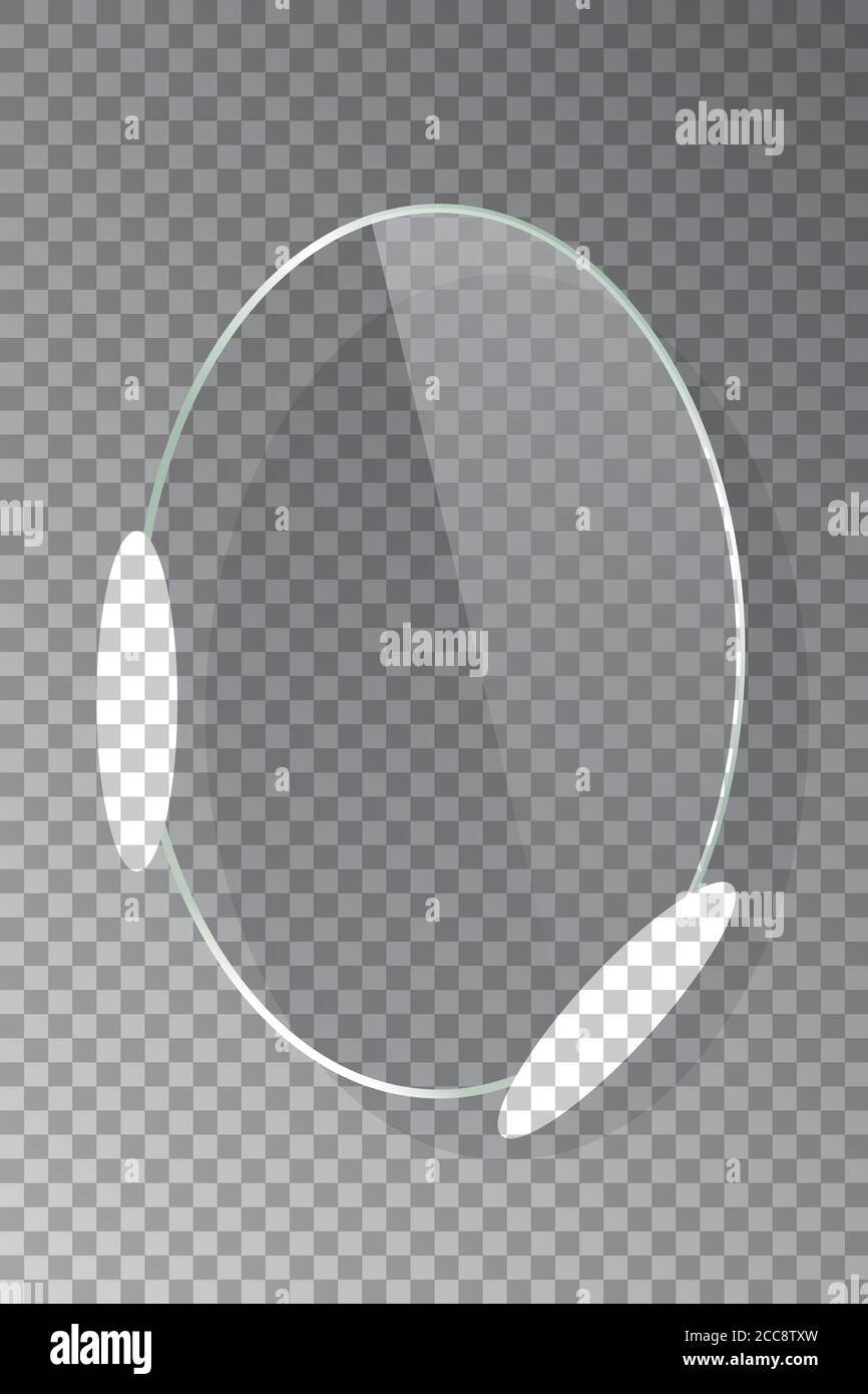 Realistischer vertikaler 3d-Ellipsenglasrahmen isoliert auf grauem transparentem Hintergrund. Kreative Rahmenplatte Objekt. Runder Rahmen. Stock Vektor