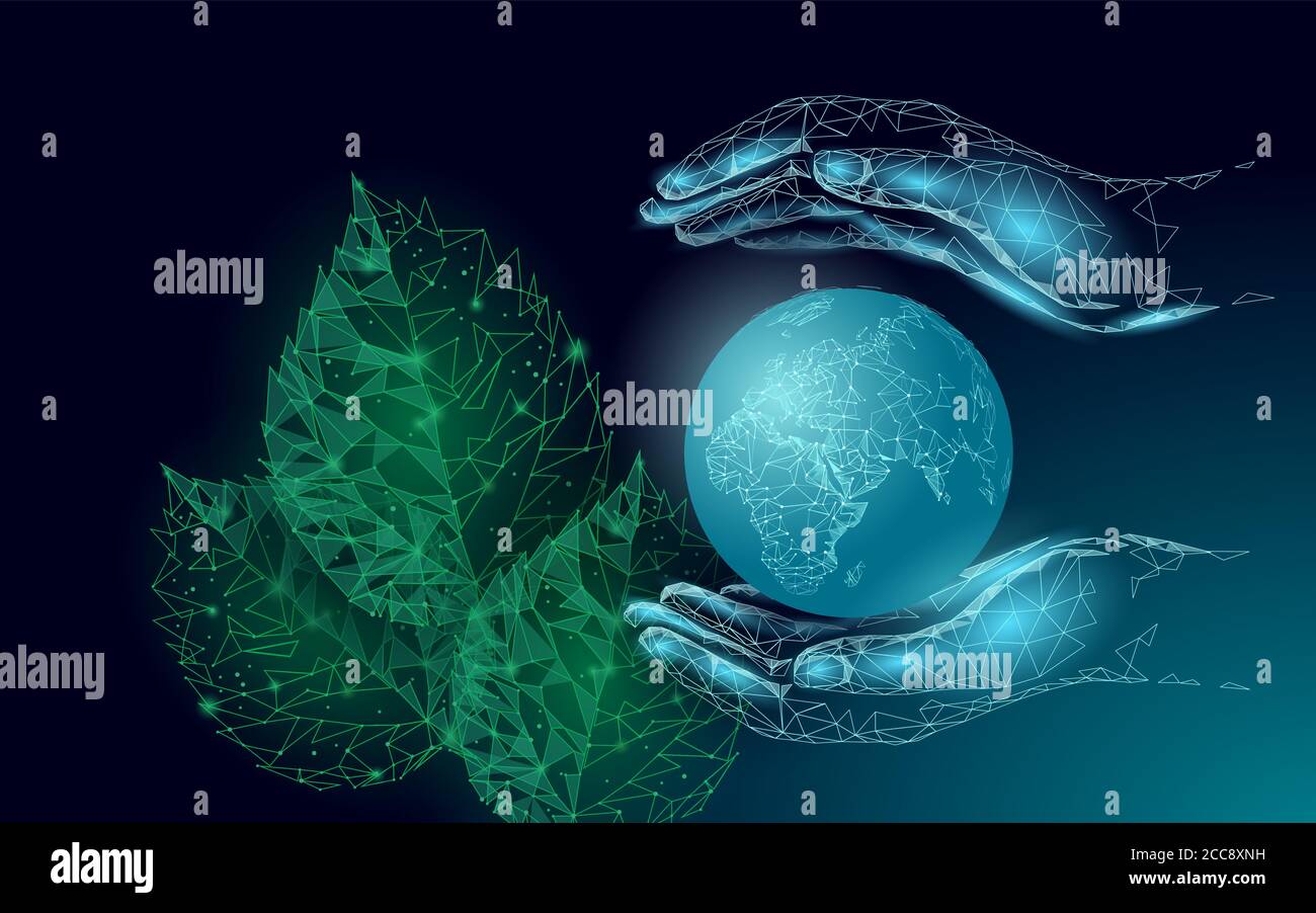 Pflanzenbaum ökologisches abstraktes Konzept. 3D Render Sämling Blätter. Speichern Planet Erde Hände Natur Umwelt wachsen Leben Öko Polygon Dreiecke low poly Stock Vektor