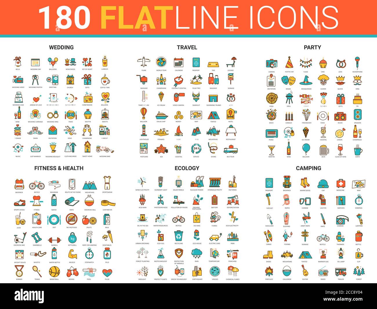 Flach dünne Linie Design-Symbole Vektor-Illustration mit Fitness-Sport-Training, Hochzeitsfeier, Sommertourismus oder Reisen Camping und Ökologie trendy grüne Energie Umriss Konzept Symbole Stock Vektor