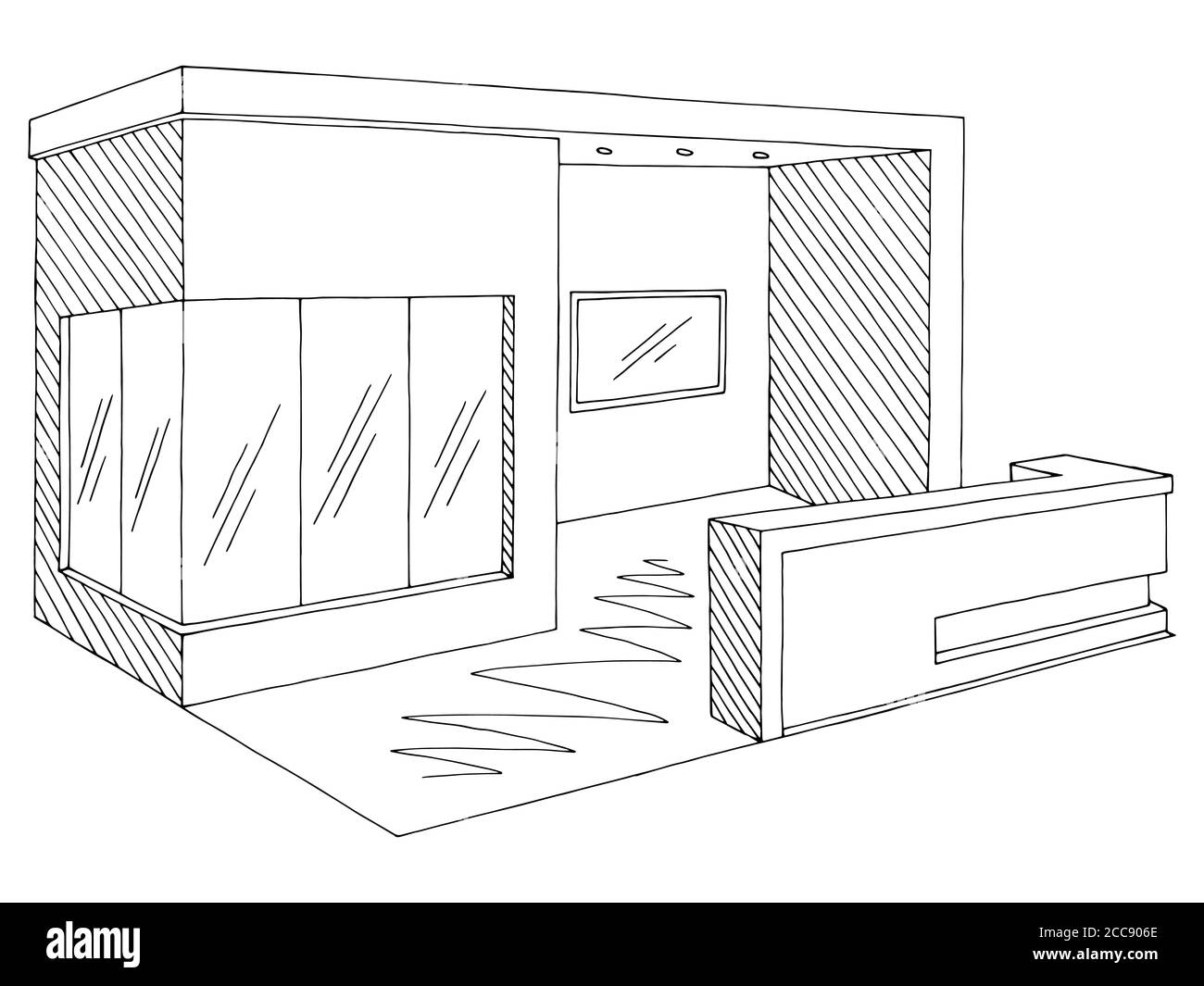 Ausstellungsstand Grafik Innenraum schwarz weiß Skizze Illustration Vektor Stock Vektor