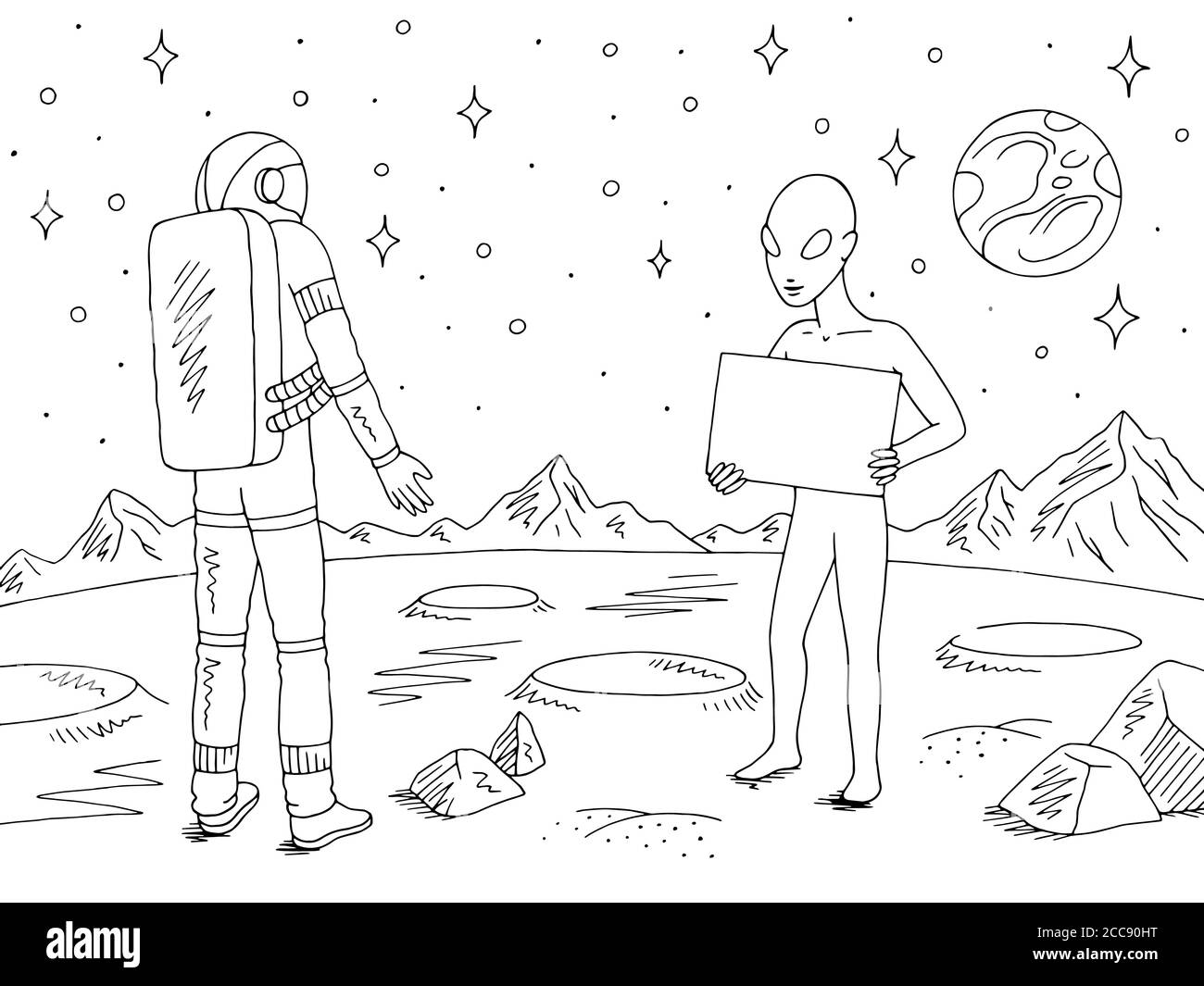 Spaceman Blick auf die Alien, die mit Plakat. Planetengrafik schwarz weiß Raum Landschaft Skizze Illustration Vektor Stock Vektor