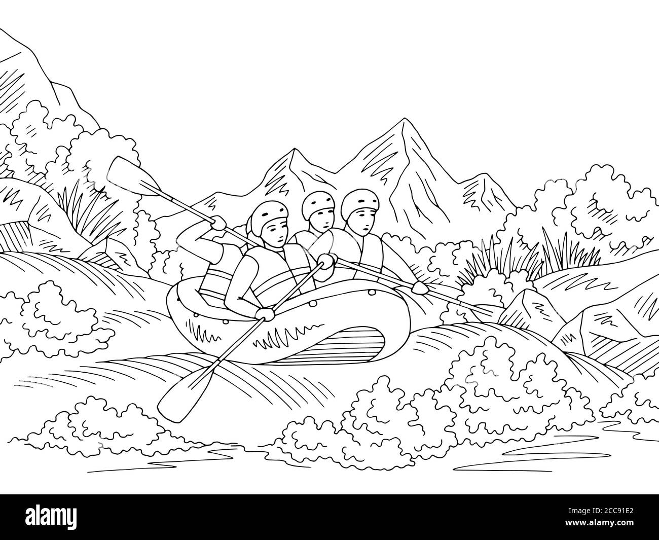 Rafting Boot Reise Grafik schwarz weiß Landschaft Skizze Illustration Vektor Stock Vektor