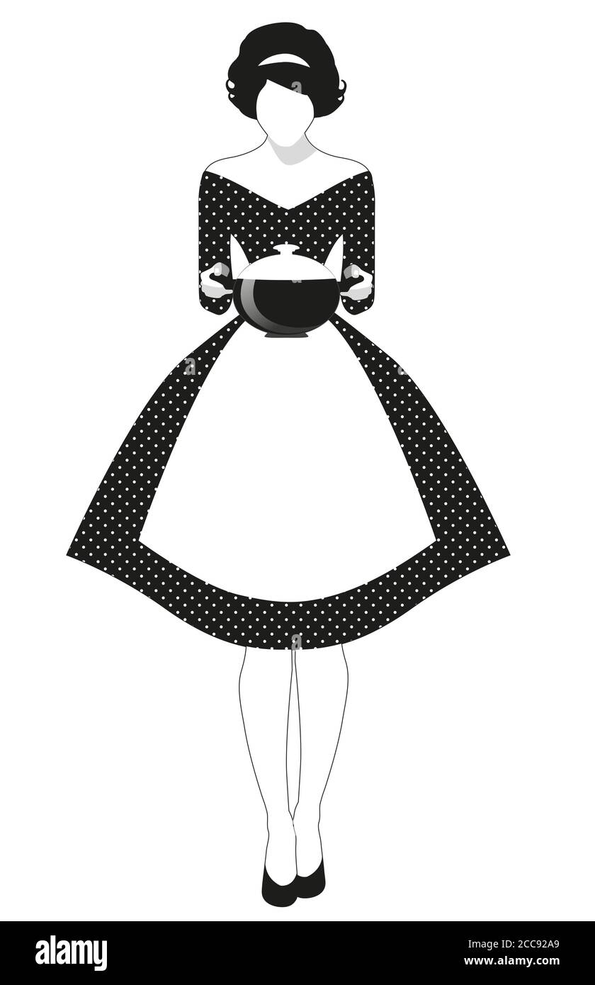 Schöne Hausfrau im Stil der 50er Jahre in einem gepunkteten Kleid gekleidet, trägt einen dampfenden Topf Stock Vektor
