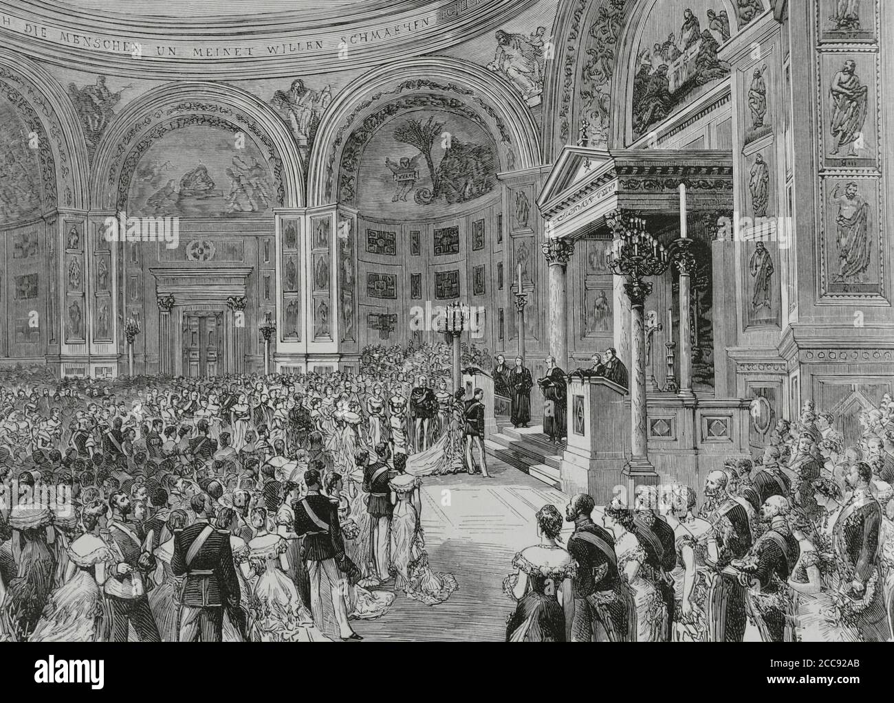 Wilhelm II. Von Deutschland (1859-1941). Deutschland, Berlin. Feier der Trauung von Prinz Friedrich Wilhelm (zukünftiger Wilhelm II.) und Prinzessin Augusta Victoria von Schleswig-Holstein (zukünftige Königin Consort). Kapelle des Kaiserpalastes am 27. Februar 1881. Gravur. La Ilustracion Española y Americana, 1881. Stockfoto