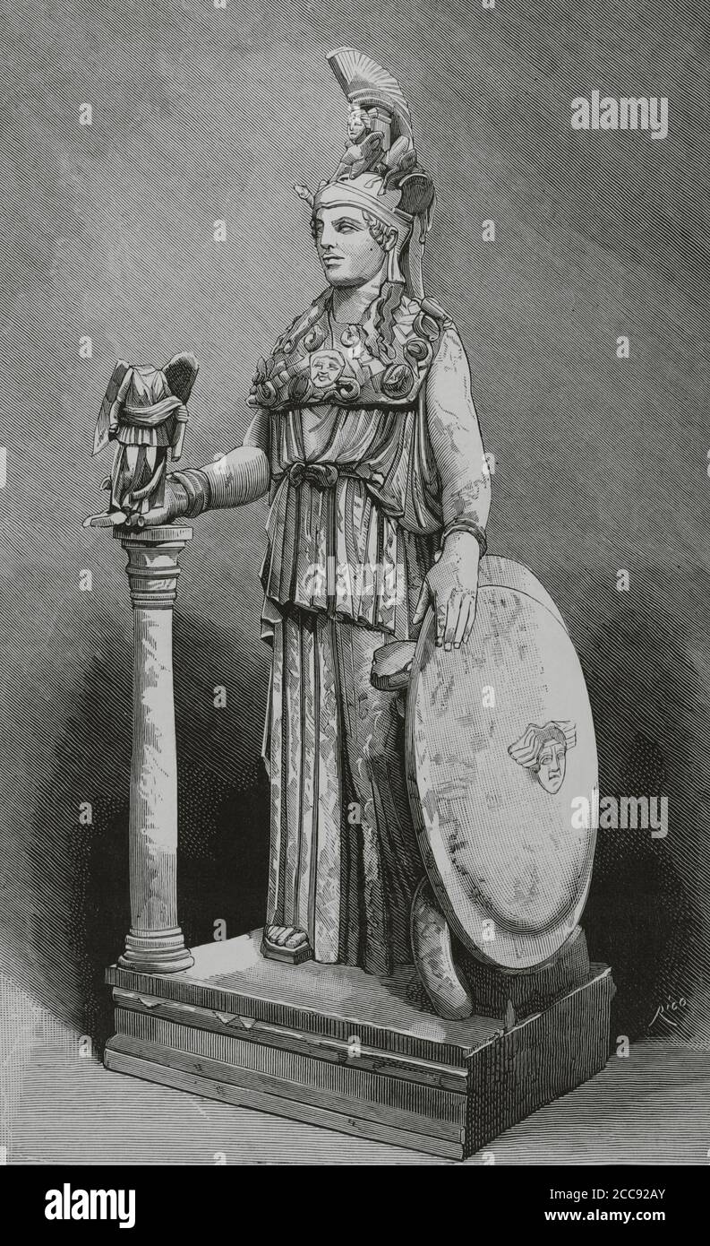Nachbildung der Statue des klassischen griechischen Bildhauers Fidea der Göttin Athena (die römische Minerva), bekannt als 'Athena Parthenos'. Gravur von Rico. La Ilustracion Española y Americana, 1881. Stockfoto