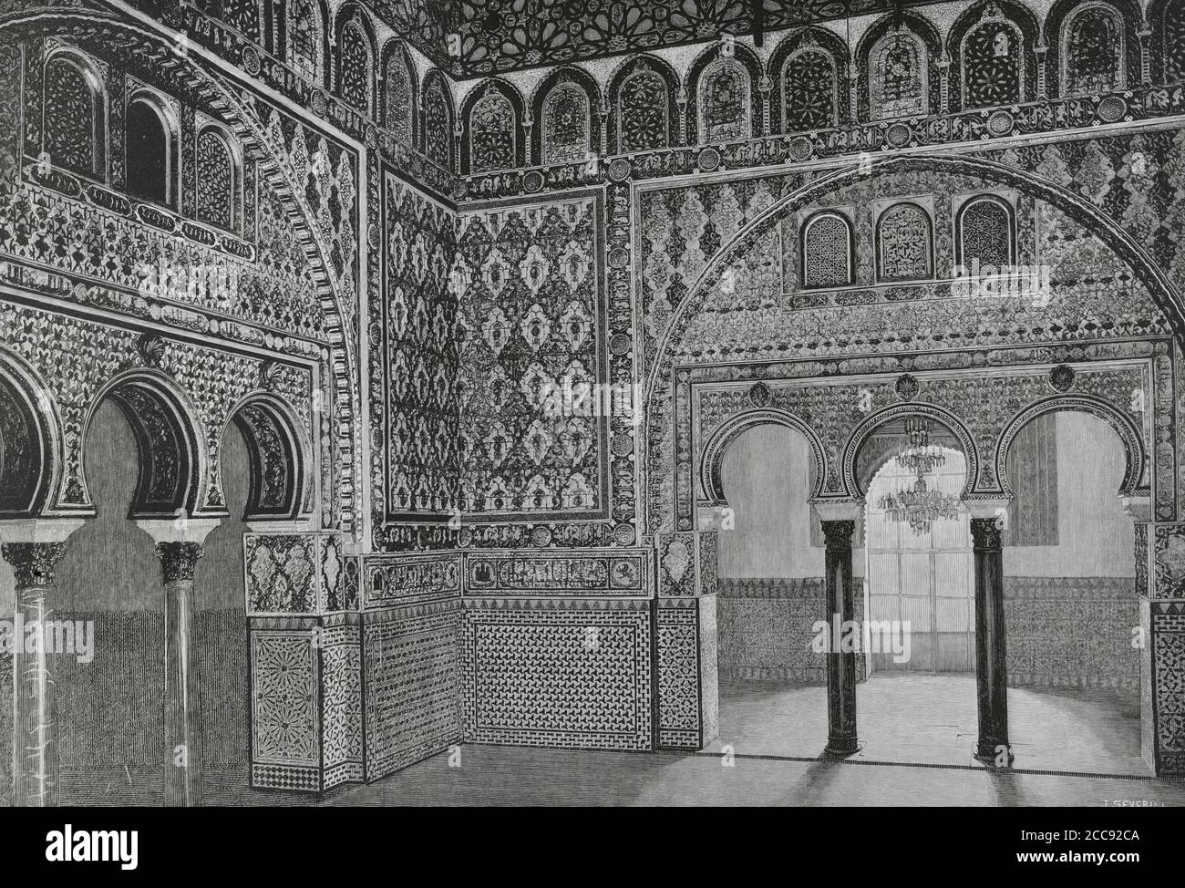 Spanien, Andalusien, Sevilla. Der Royal Alcazar. Botschafterhalle. Mudejar-Stil. Gravur von Severini. La Ilustracion Española y Americana, 1881. Stockfoto