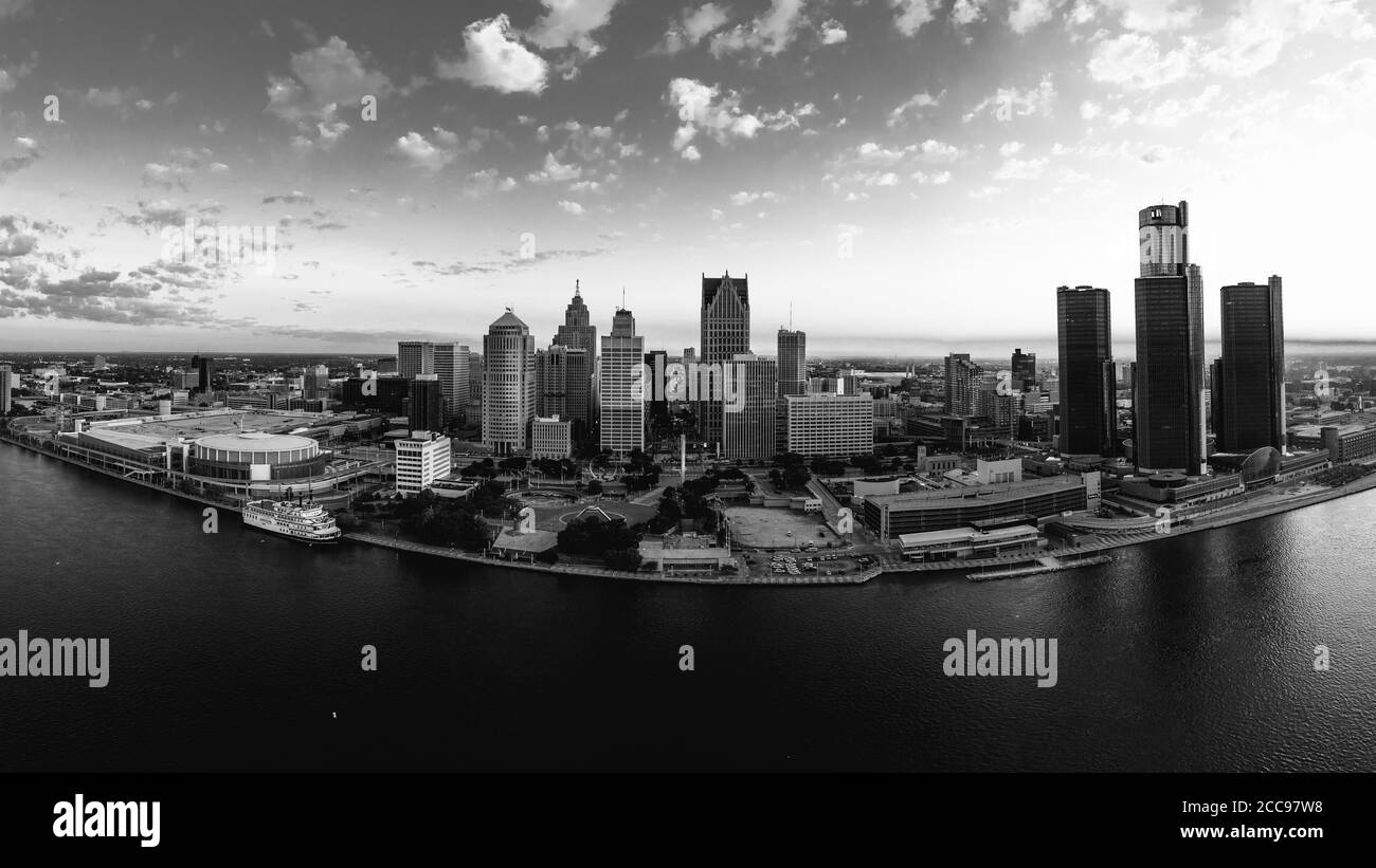 Downtown Detroit Black and White Panorama Stockfoto