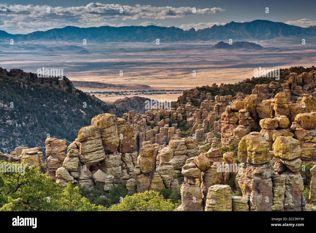 Blick vom Massai Point auf Chiricahua National Monument mit Sulphur Spring Valley Dragoon Mountains in weiter Ferne, Arizona, USA Stockfoto