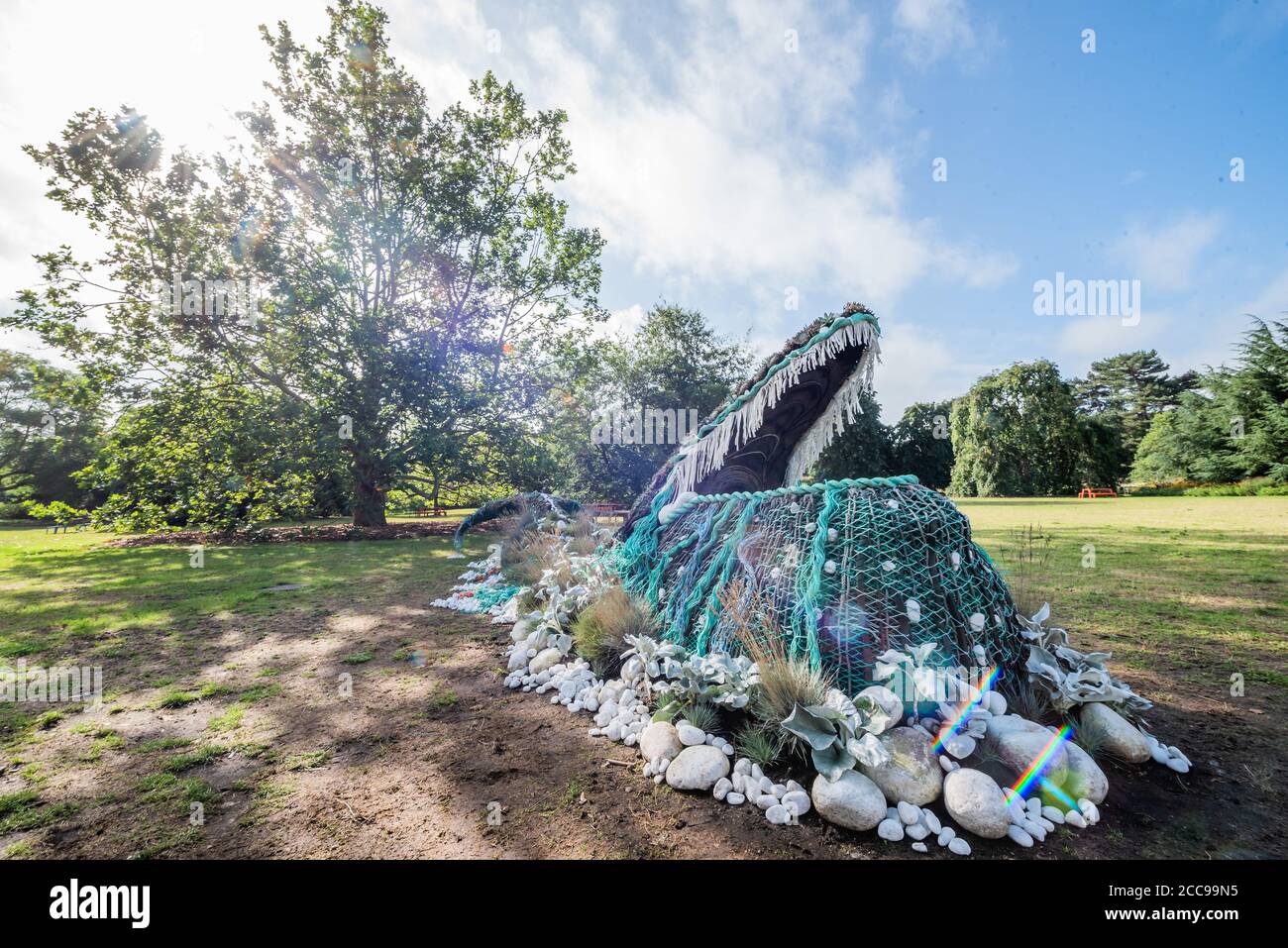 London, Großbritannien. August 2020. Sylvie Fodio Todd, 5 Jahre alt, erkundet den Wal - EINE maßgeschneiderte botanische Skulptur eines Buckelwals, der aus Kew's Orangery Lawn stammt, erstellt von Andrew Whittle und Ryan Lanji, den Gewinnern der Netflix Original Series, ‘The Big Flower Fight'. Die Skulptur wird vom 22. August bis 18. September im Rahmen des ‘Travel the World at Kew' Festivals ausgestellt. Die "lebende" Skulptur enthält über 700 Pflanzen, die die Farben und Texturen eines Buckelwals nachahmen. Kredit: Guy Bell/Alamy Live Nachrichten Stockfoto