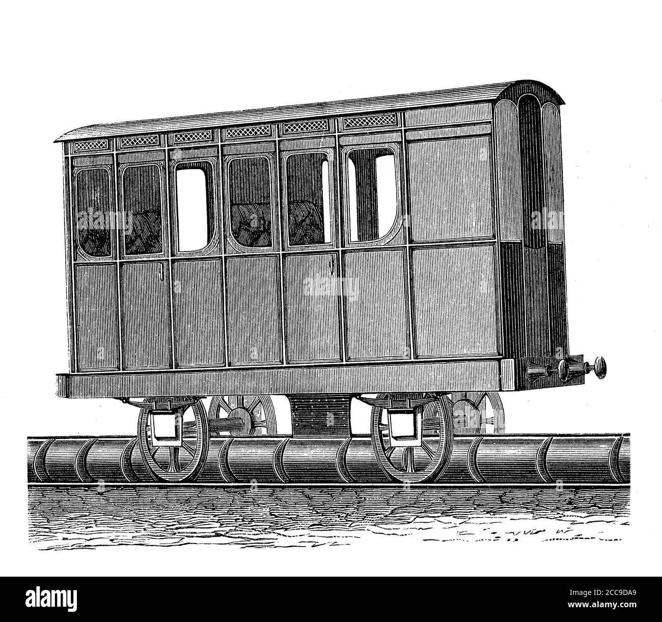 Die stimmungsvolle Eisenbahn von Saint Germain in Paris mit Kolbenwagen wurde 1837 mit Erfolg mit einer 19 km langen Strecke eröffnet, 1860 jedoch mit der Einführung von Dampflokomotiven aufgegeben Stockfoto