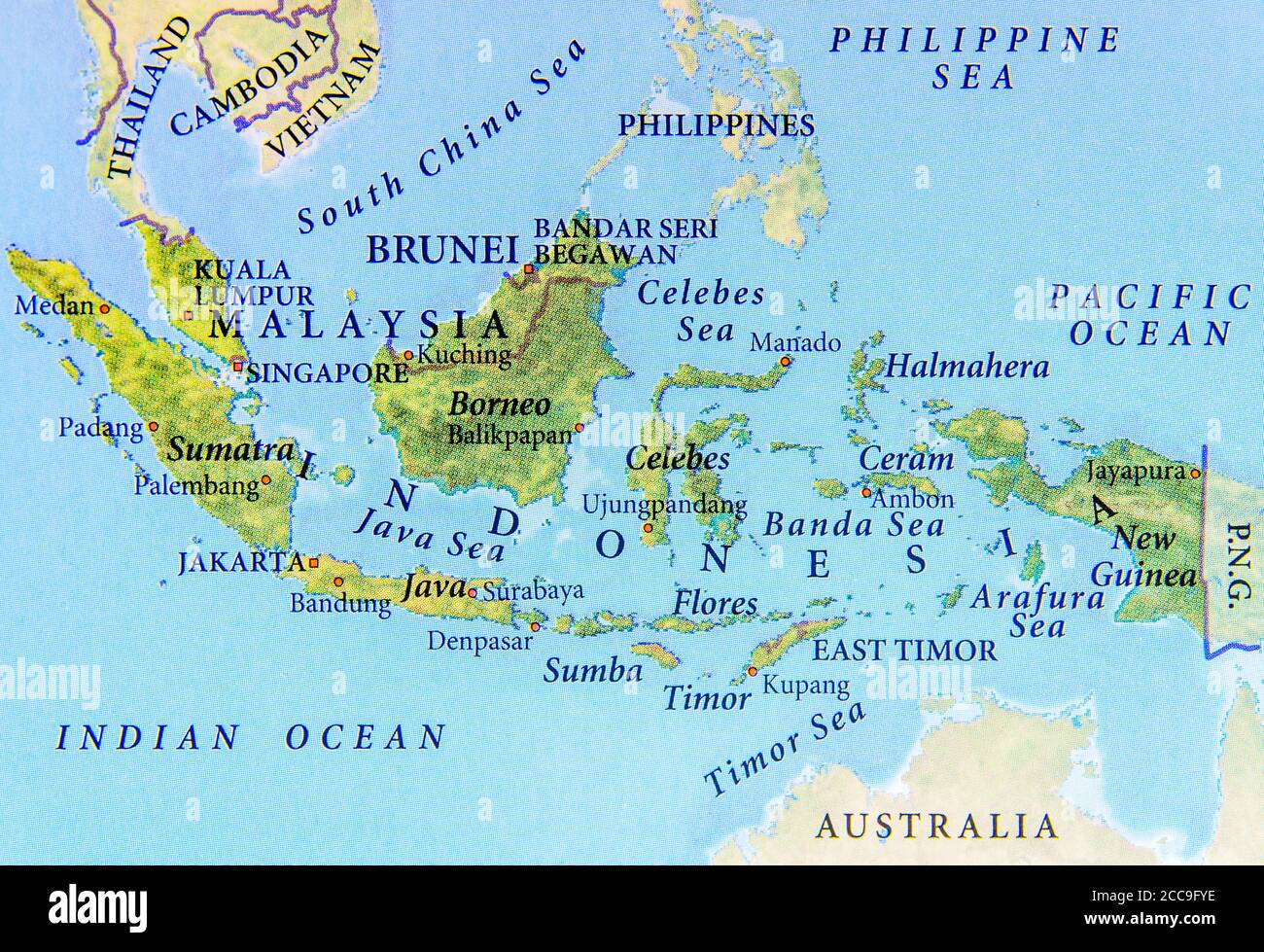 Geographische Karte von Malaysia, Brunei und Indonesien mit wichtigen Städten Stockfoto