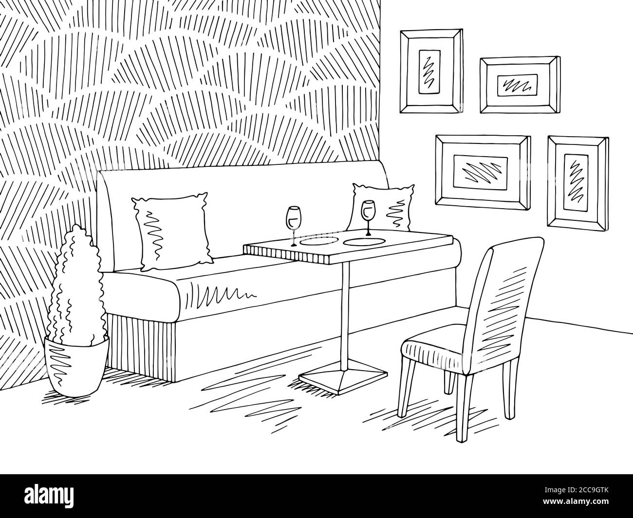 Restaurant Grafik schwarz weiß Interieur Skizze Illustration Vektor