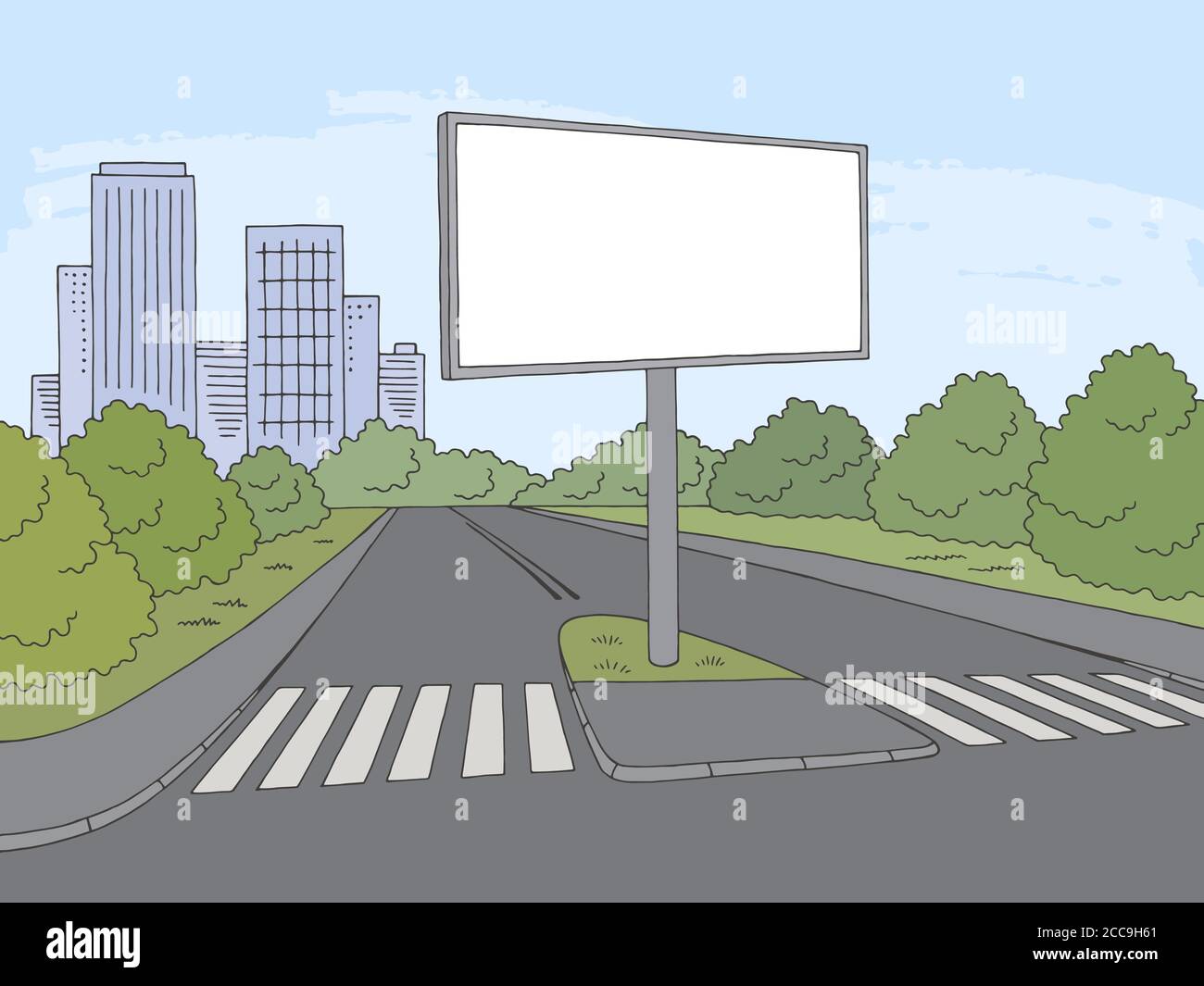 Straße Billboard Grafik Farbe Stadt Landschaft Skizze Illustration Vektor Stock Vektor