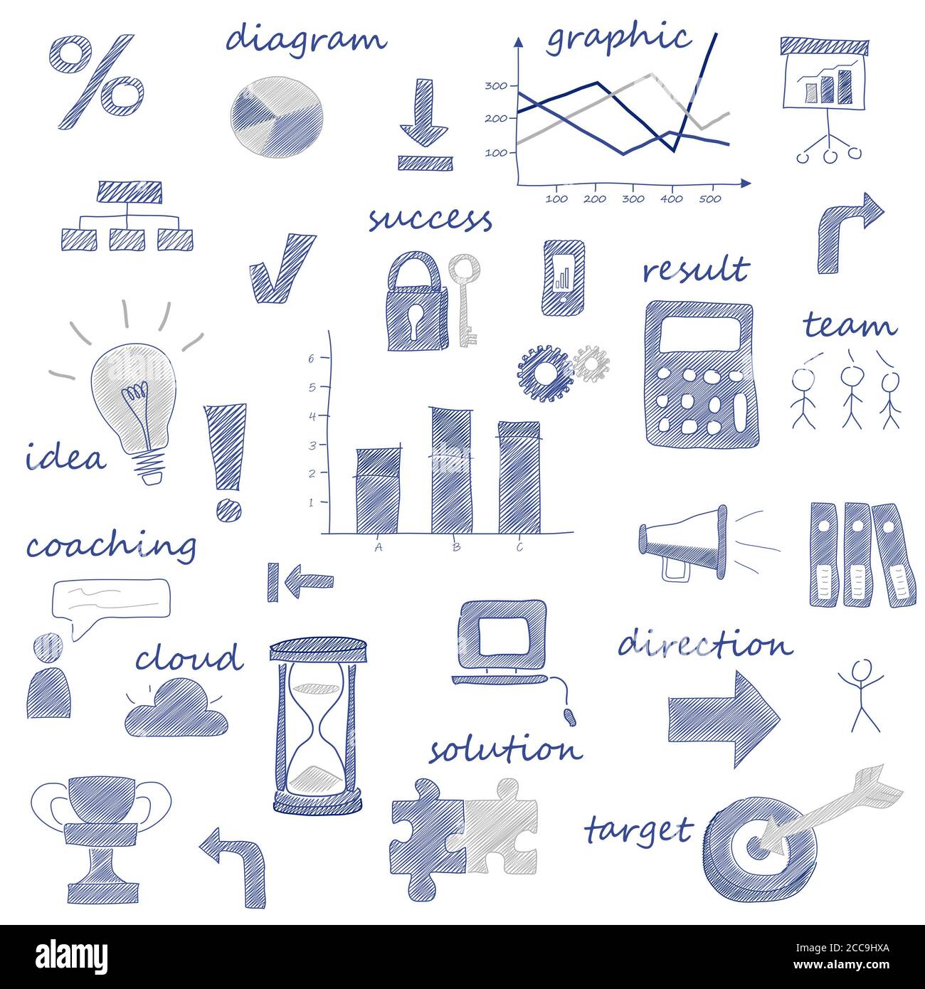 Illustration von verschiedenen blauen Business-Symbole isoliert auf einem weißen Hintergrund Stockfoto