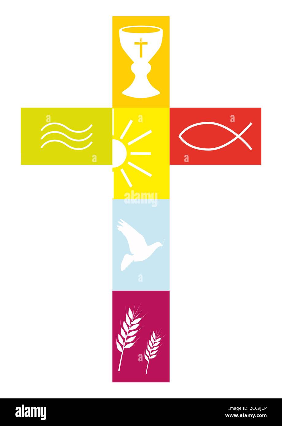 Illustration eines christlichen Kreuzes mit bunten religiösen Symbolen isoliert Auf weißem Hintergrund Stockfoto