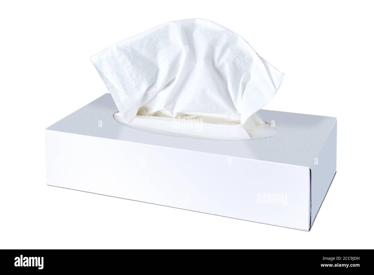 Blankogewebe aus weißem Kosmetiktücher Box isoliert auf weiß. Beschneidungspfad Stockfoto