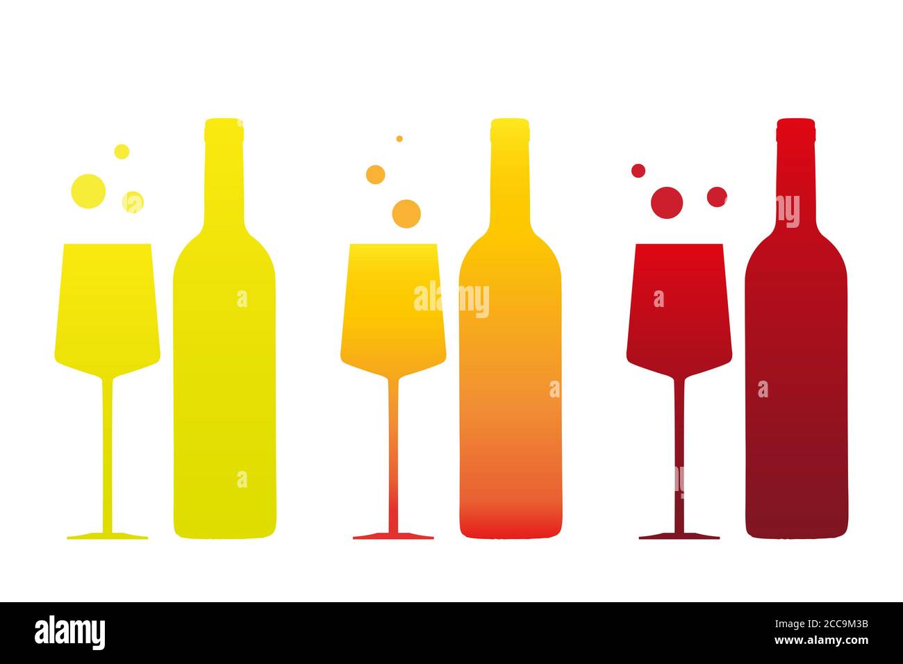 Illustration von Weingläsern und Flaschen auf weißem Hintergrund Stockfoto