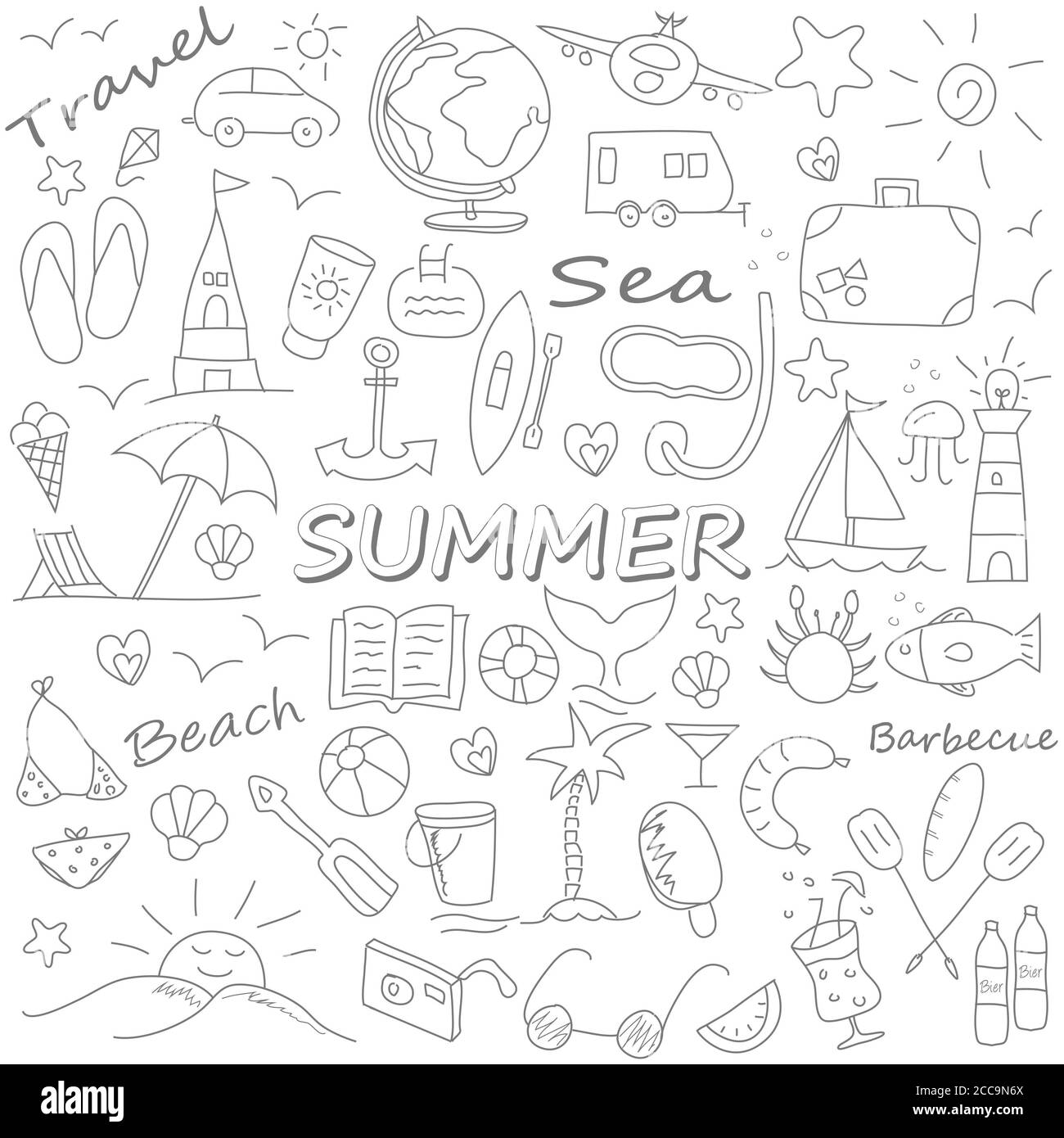 Digitale Illustration von schwarzen Sommer-Themen-Icons auf weißem Hintergrund Stockfoto