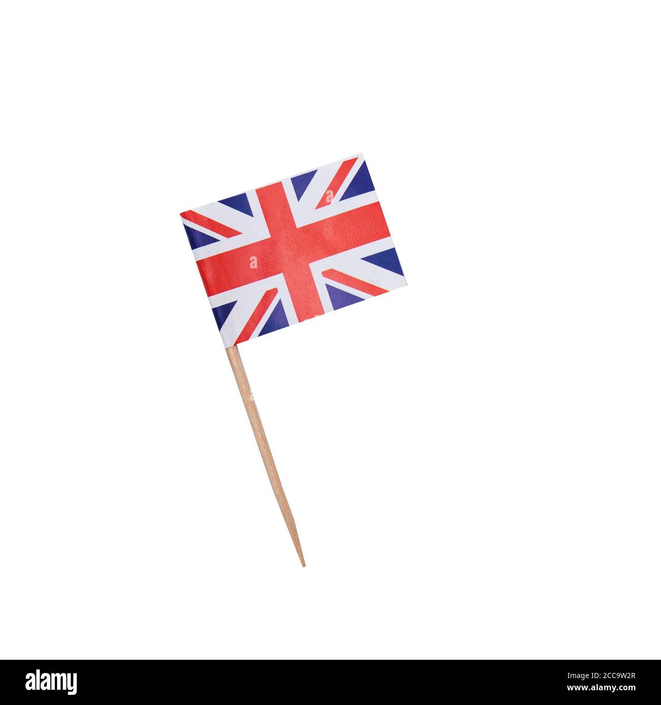 Zahnstocher mit einer Papierfahne des Vereinigten Königreichs, britische Flagge auf einem hölzernen Zahnstocher Stockfoto