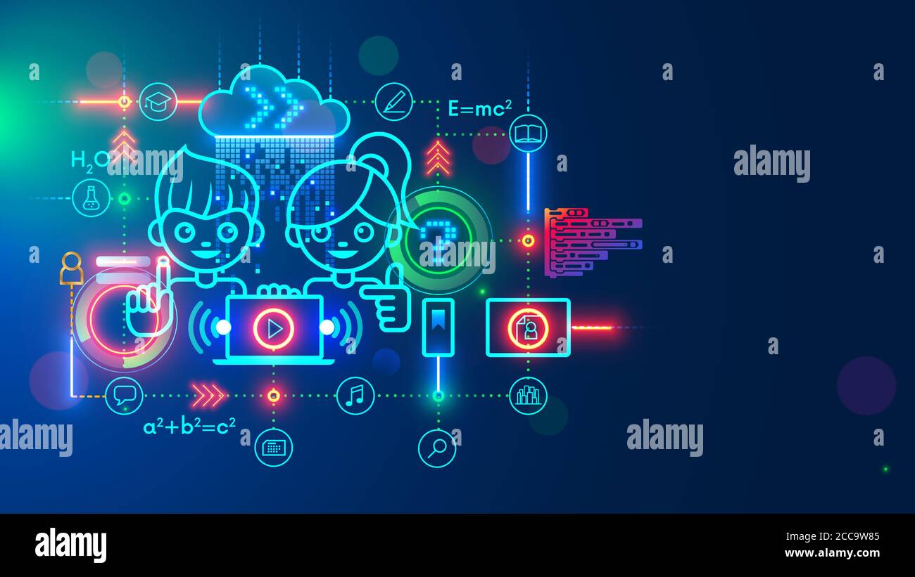 Online-Bildung Web-Plattform für Fernunterricht Kinder auf Laptop. Junge und Mädchen lernen in der Schule über das Internet. E-Learning-Services Stock Vektor