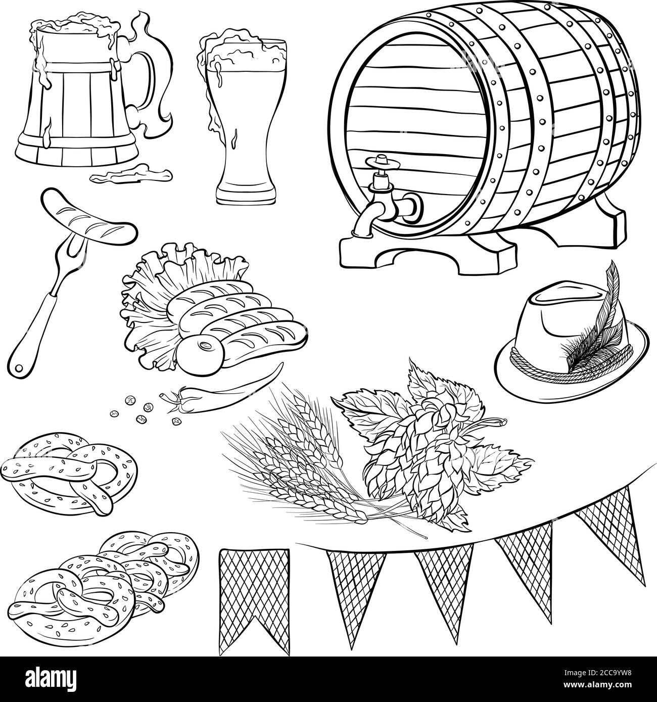 Mit traditionellen Elementen des Oktoberfests. Linienkunst. Handgezeichnete Vektorgrafik isoliert auf weißem Hintergrund Stock Vektor