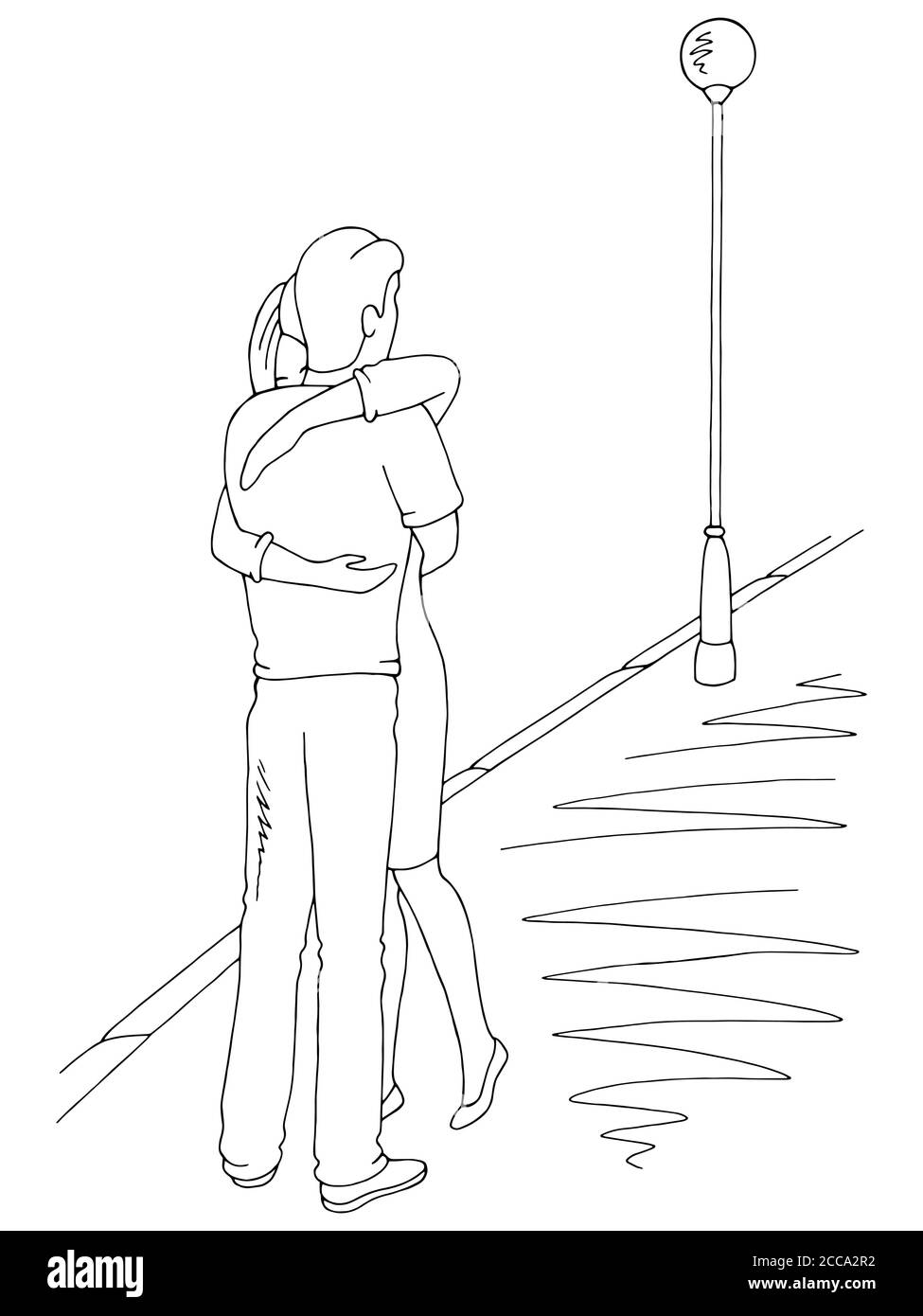 Mann und Frau umarmen Treffen auf der Straße Grafik schwarz Vektor für Skizzendarstellung im weißen Querformat Stock Vektor