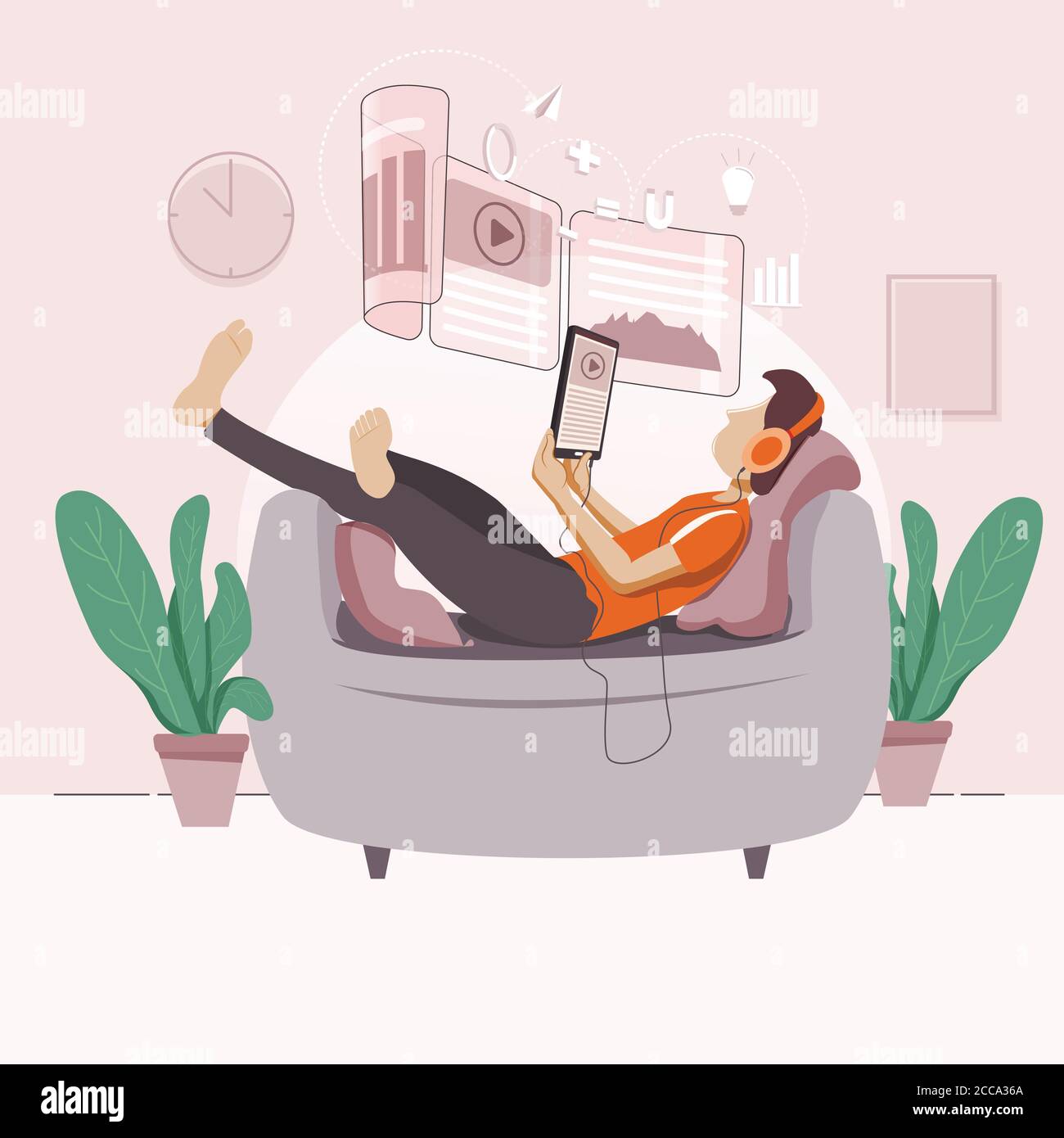 Ein Junge studiert online mit Relax-Modus Illustration Stock Vektor