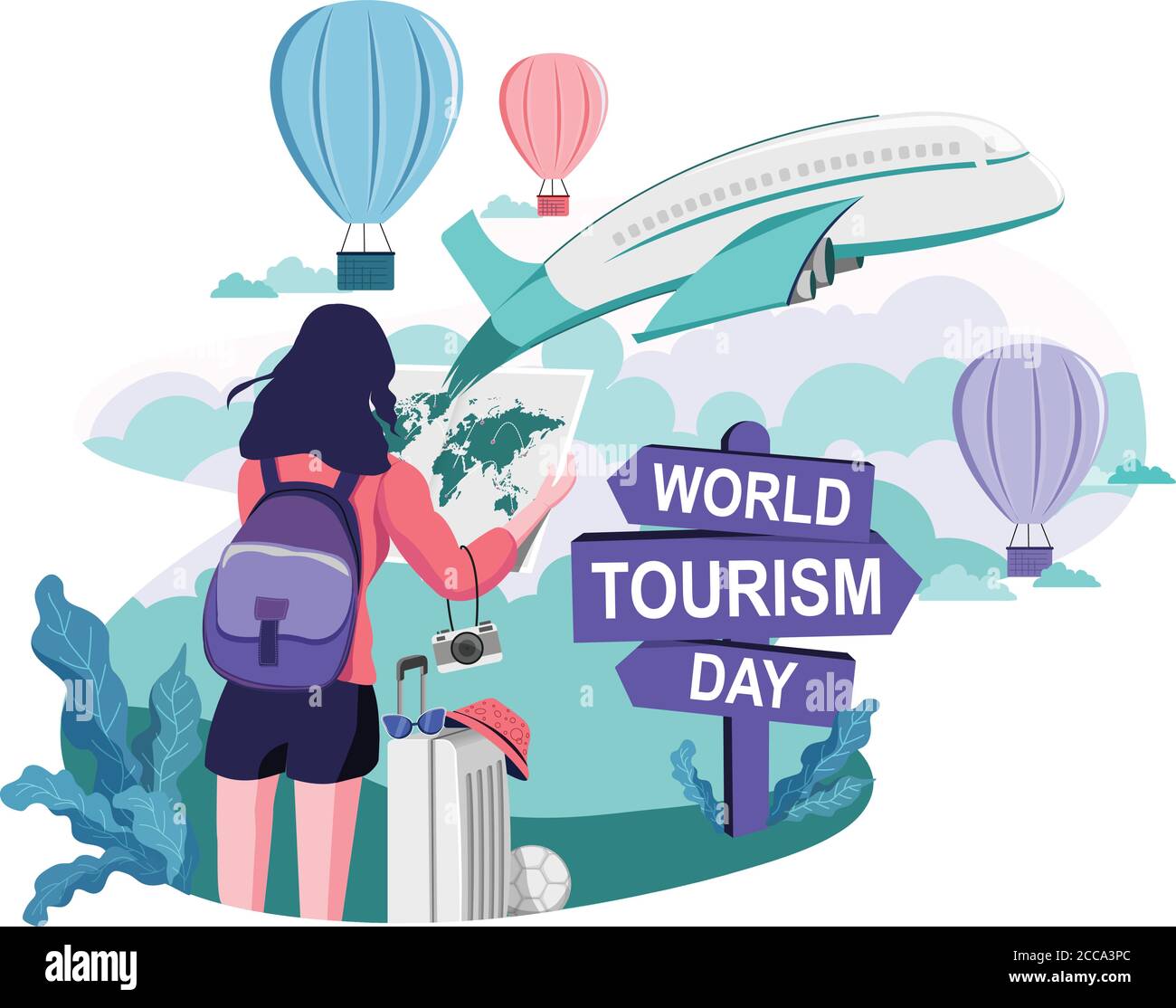 Welttourismustag, EIN Mädchen mit Weltkarte und Tasche Going World Tour Illustration Stock Vektor