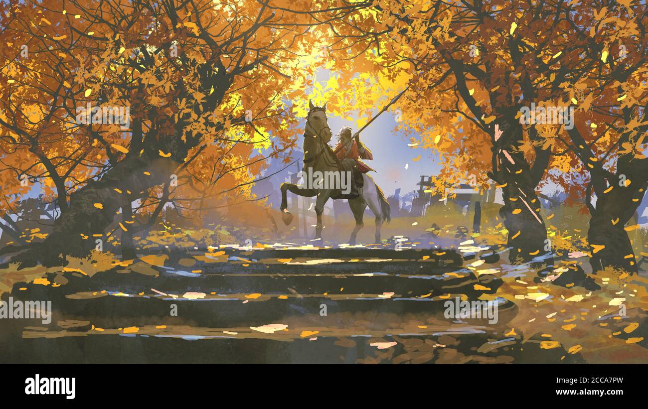 samurai Reiten ein Pferd im Herbstwald, digitale Kunst Stil, Illustration Malerei Stockfoto