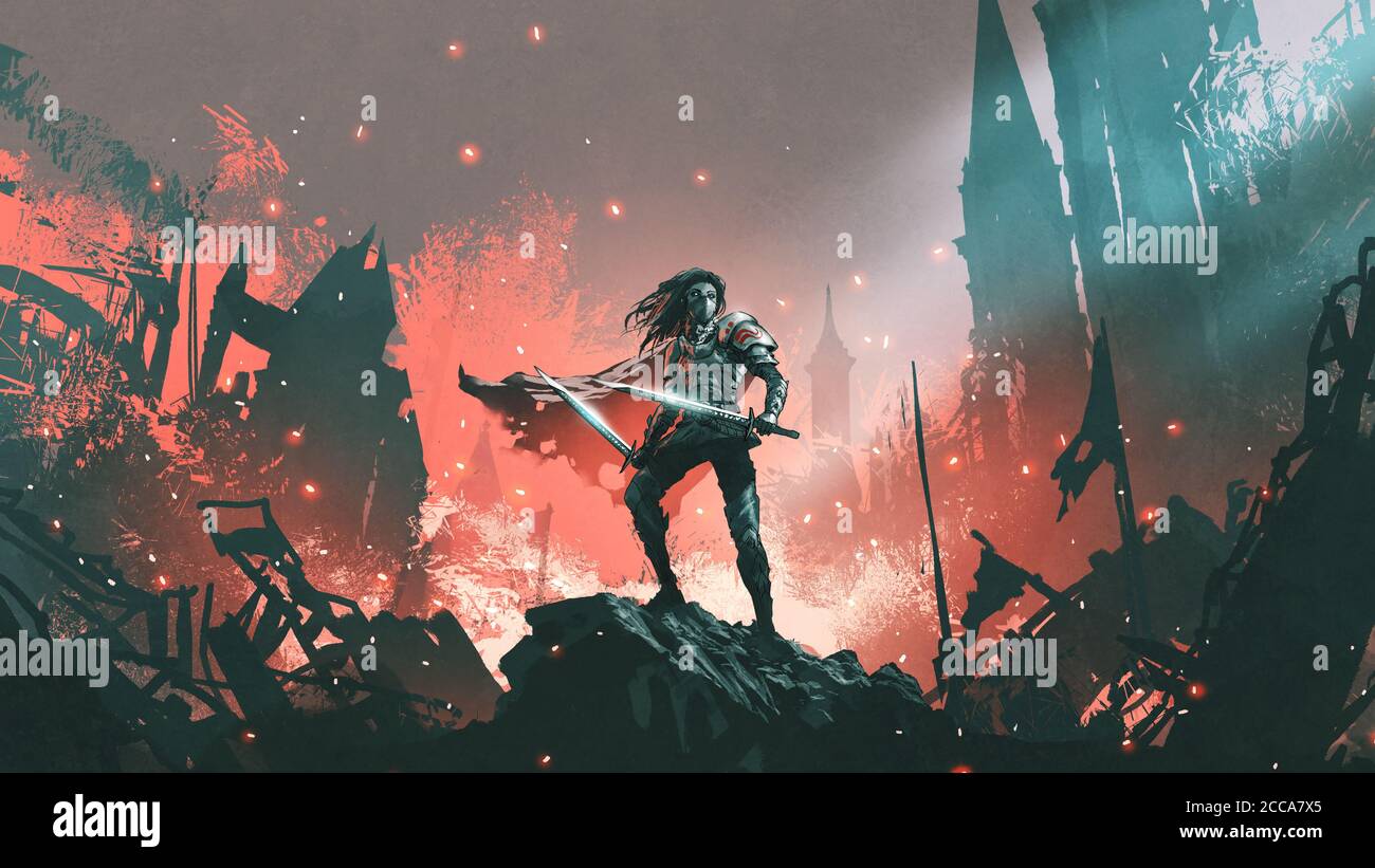 ritter mit zwei Schwertern auf den Trümmern einer verbrannten Stadt, digitale Kunst Stil, Illustration Malerei Stockfoto