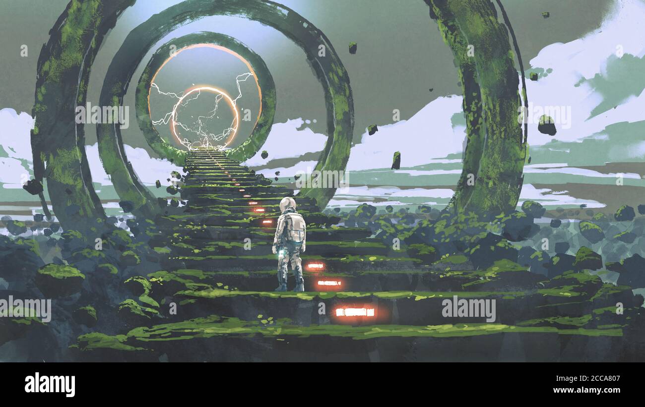 spaceman steht auf der futuristischen Treppe und schaut auf das Licht am Ende, digitale Kunst Stil, Illustration Malerei Stockfoto