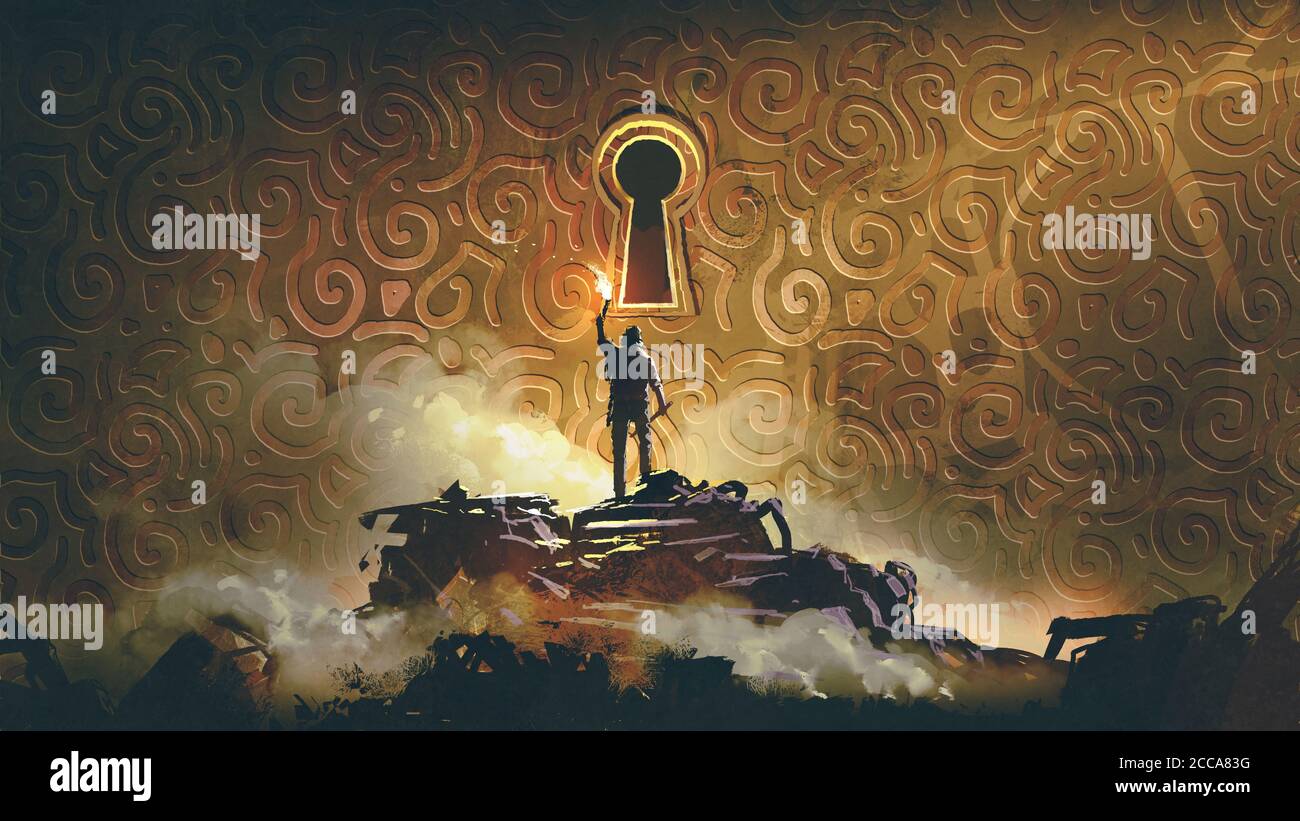 Der Abenteuermann mit einer Fackel stehend und Blick auf ein großes Schlüsselloch auf der Messingwand, digitale Kunst Stil, Illustration Malerei Stockfoto