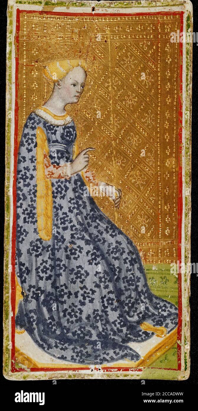 Königin der Zauberstäbe. Tarot-Karte. Museum: Pinacoteca di Brera, Mailand. Autor: BONIFAZIO BEMBO. Stockfoto