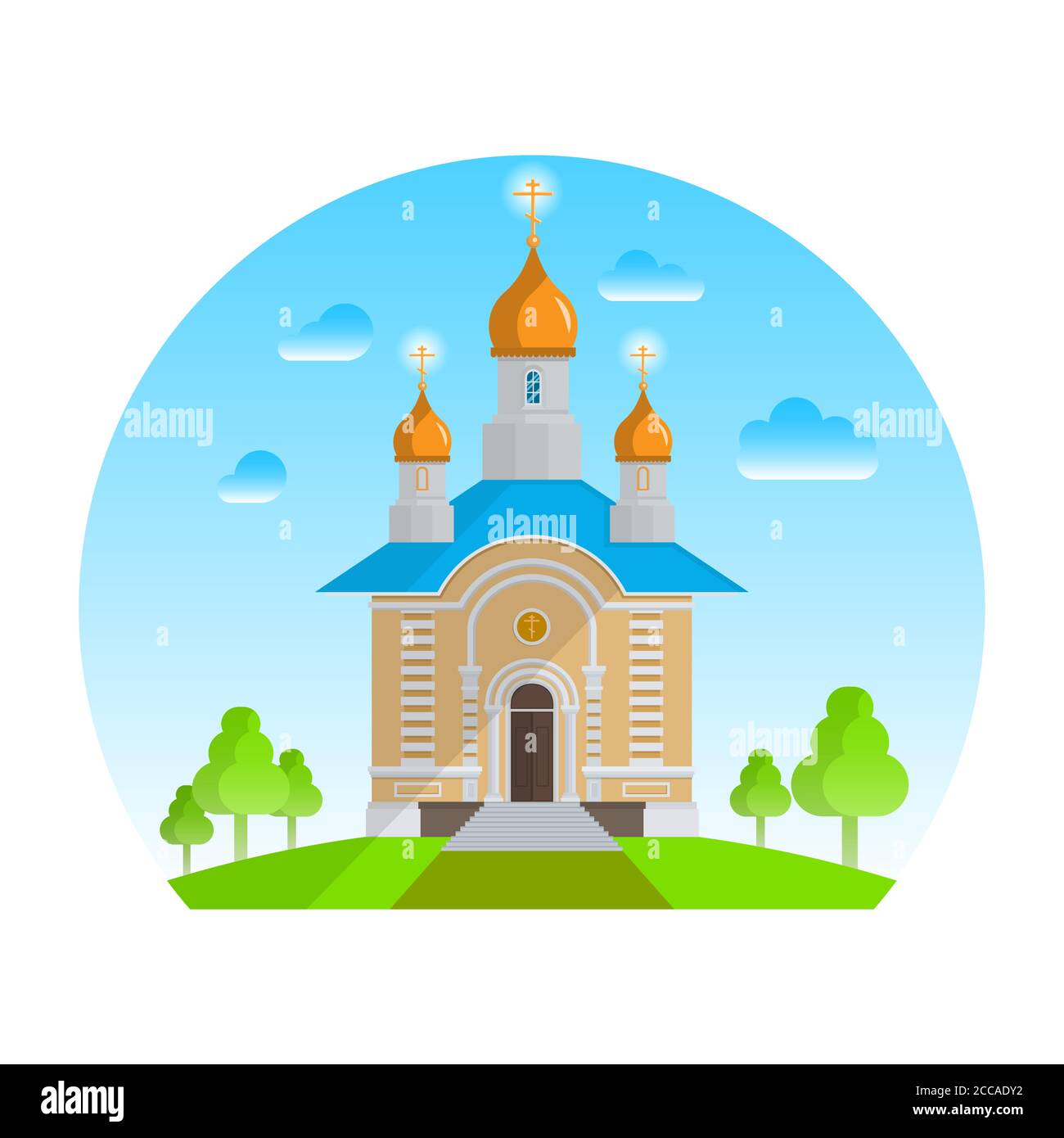 Christliche Kirche. Das Gebäude für einen Gottesdienst. Der Tempel vor dem Hintergrund des Sommerhimmels mit grünen Bäumen. Religiöses Konzept. Ein Vektor Stock Vektor