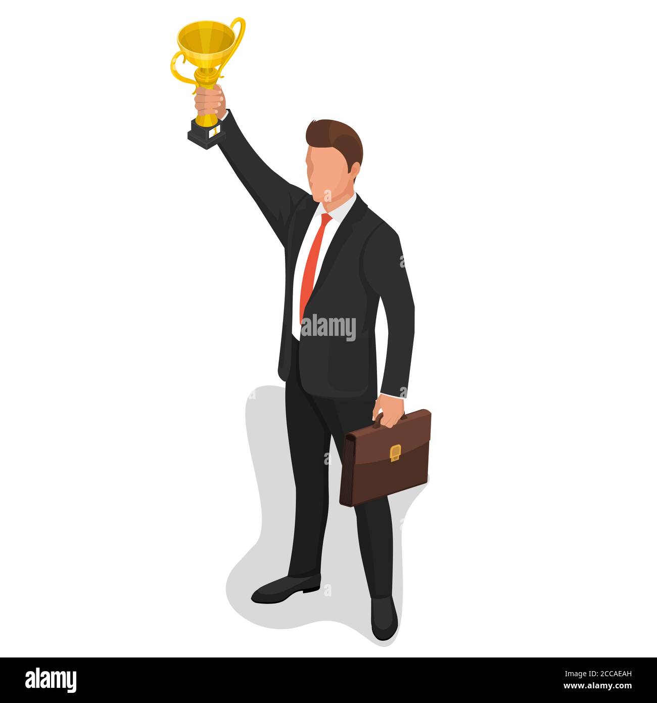 Der Geschäftsmann hebt einen Championpokal des Gewinners.Konzept eines Sieges in der Wirtschaft. Auszeichnung für erfolgreiche Arbeit. Triumph. 3D. Isometrie. Vektorgrafik Stock Vektor