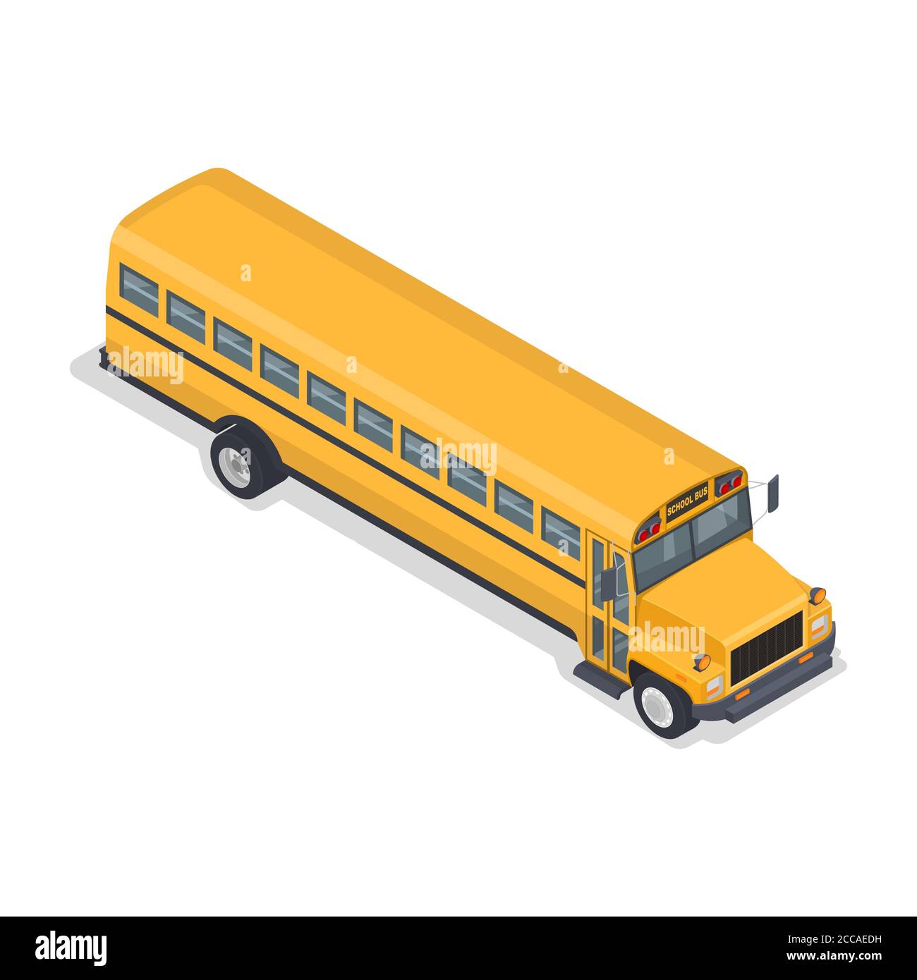 Gelber Schulbus. Das Fahrzeug für Schüler. Ein Element für Design.3D. Isometrie. Vektorgrafik. Stock Vektor