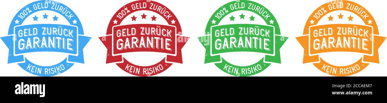 Satz von grungy 100 Prozent Geld-zurück-Garantie in Deutsch Sprachstempel oder Sticker Vektordarstellung Stock Vektor