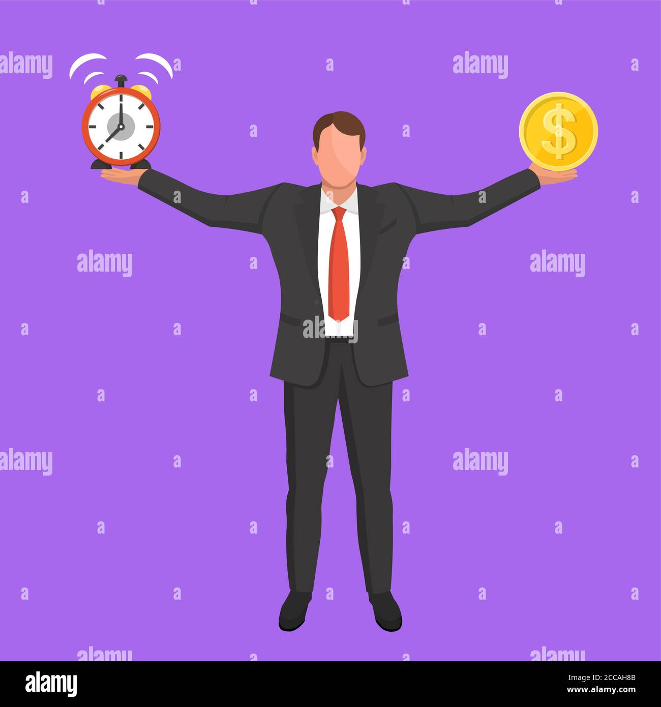 Ein Geschäftsmann hält einen Wecker und eine Geldmünze.Konzept Zeit und Geld.Balance zwischen Arbeit und der gegebenen Zeit.Geschäftskonzept.Vektor Illustratio Stock Vektor