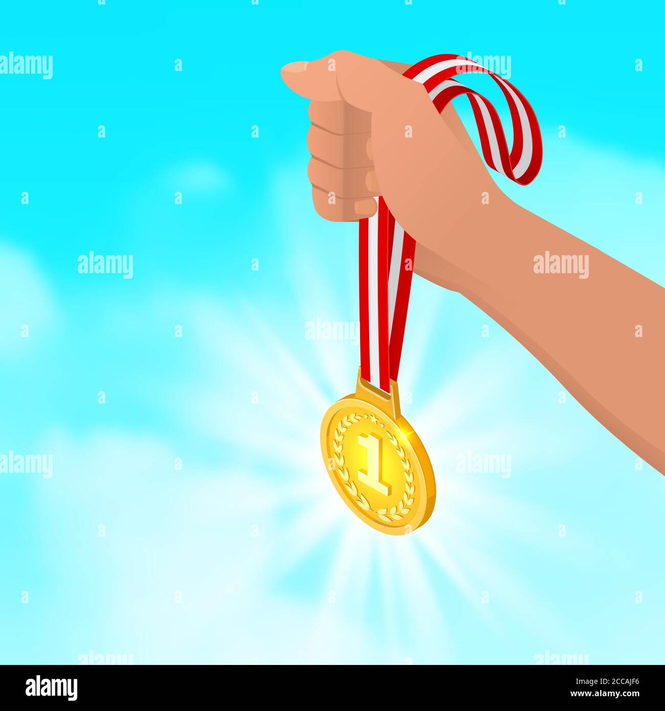 Die Hand hält die Goldmedaille. Belohnung für den Sieg. Triumphal Instant 3D.Izometrie.Vektorgrafik. Stock Vektor