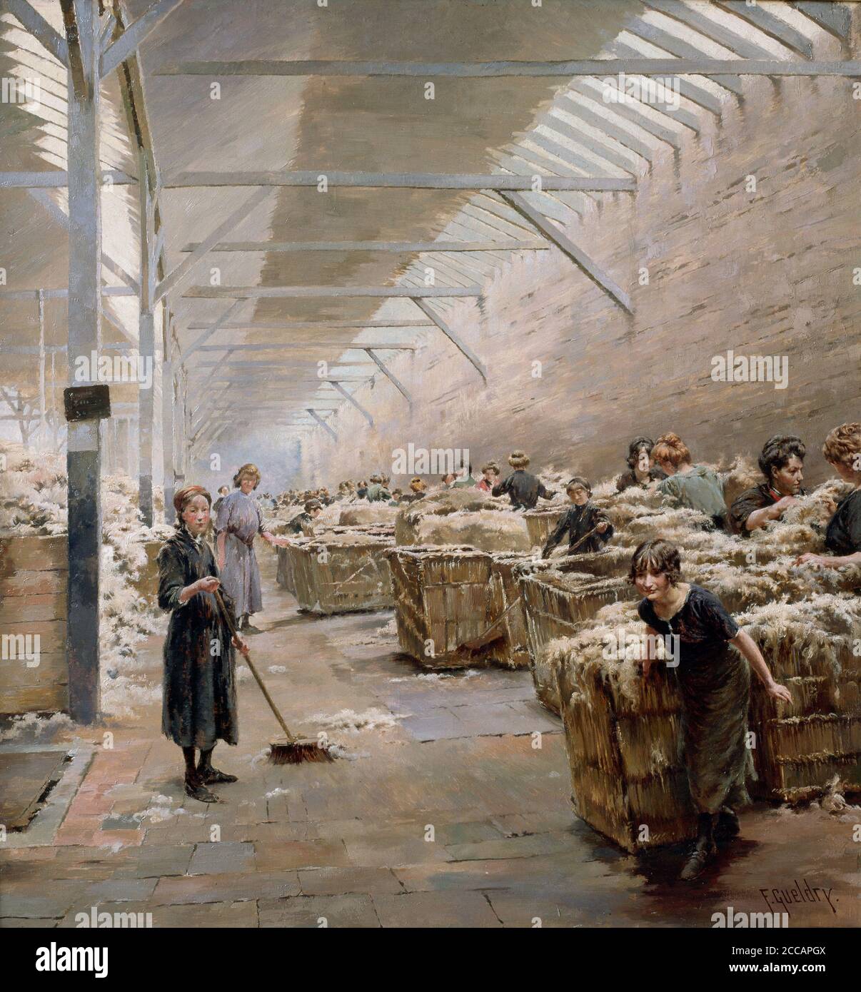Weben, Wollsortierung. Museum: Musée de La Piscine, Roubaix. Autor: Ferdinand Joseph Gueldry. Stockfoto