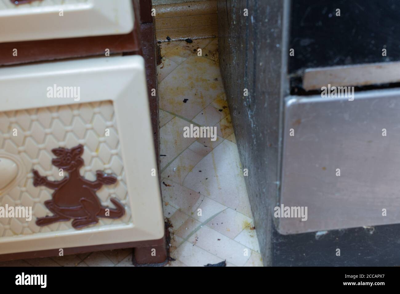 Schmutziger Boden in der Küche. Fettiger Küchenboden. Reinigungsservice. Hilfe bei der Reinigung der Wohnung für ältere Menschen. Stockfoto