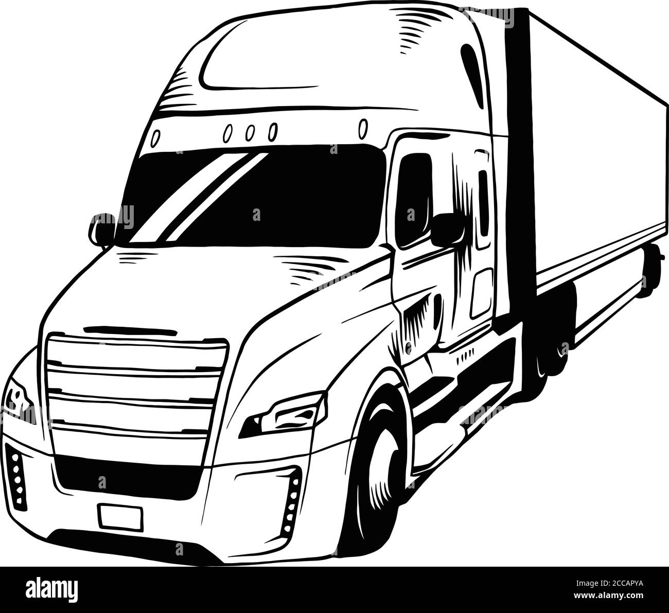 American Truck Trailer schwarz-weiß Illustration isoliert auf weiß Stock Vektor