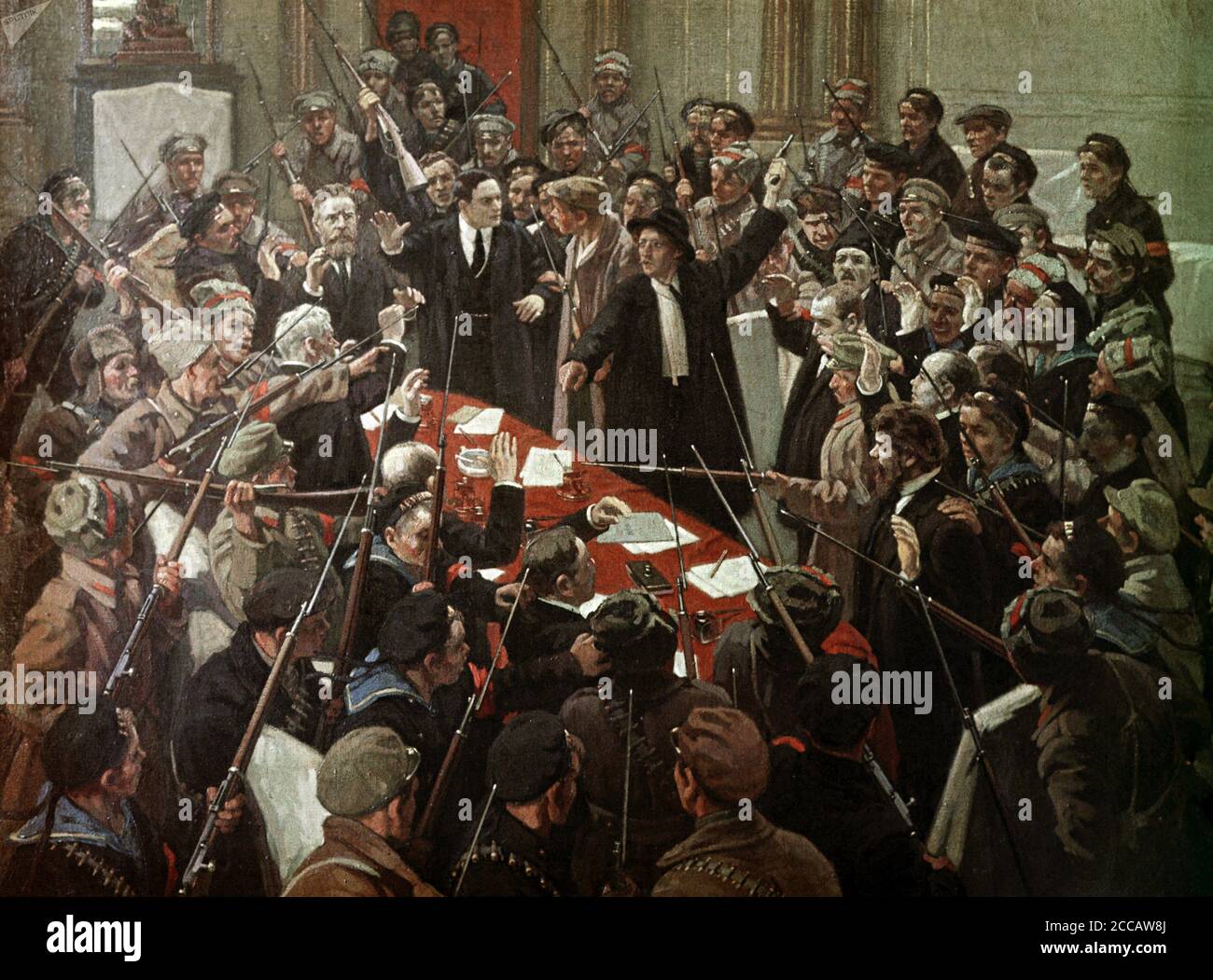 Verhaftung der Provisorischen Regierung Russlands am 26. Oktober 1917. Museum: Staatliches Museum der Revolution, Moskau. Autor: Michail Georgijewitsch Sokolov. Stockfoto