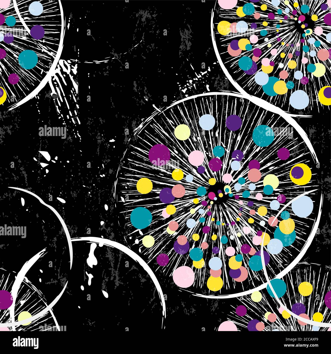 Nahtloses Hintergrundmuster, mit Kreisen/Punkten, Linien, Konturen und Spritzern, auf Schwarz Stock Vektor