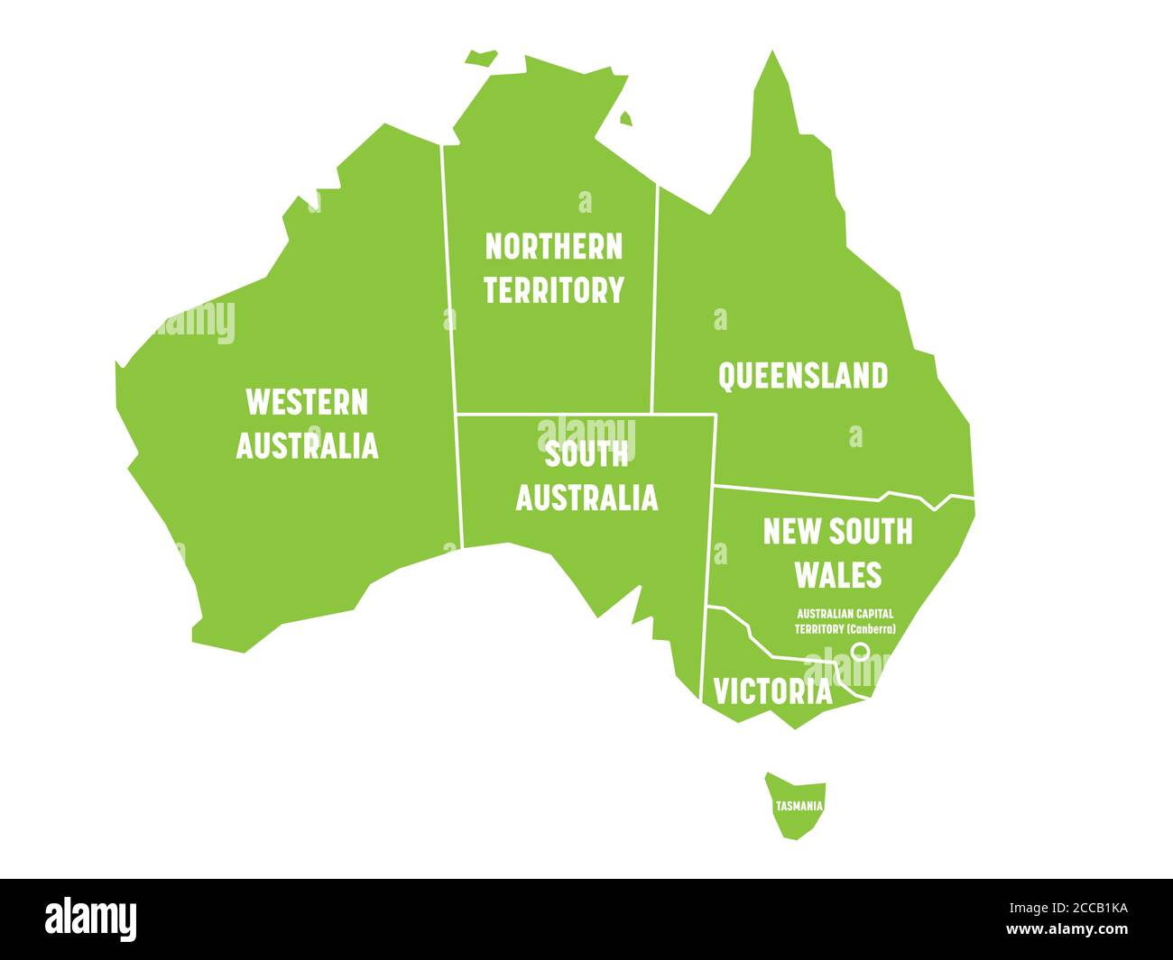 Vereinfachte Karte von Australien in Staaten und Territorien unterteilt. Grüne flache Karte mit weißen Rändern und weißen Etiketten. Vektorgrafik. Stock Vektor