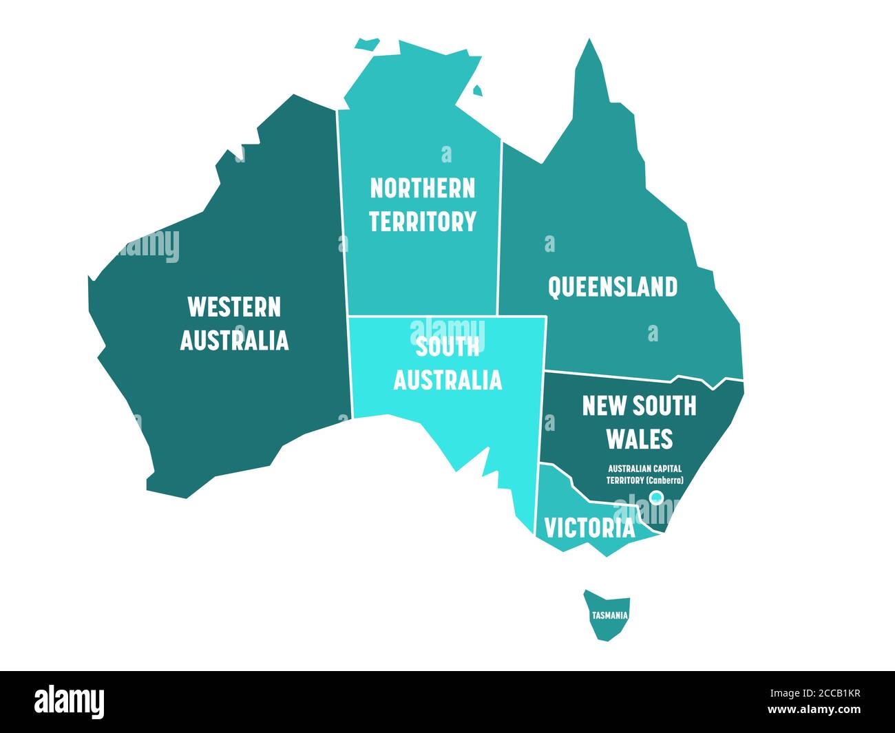 Vereinfachte Karte von Australien unterteilt in Staaten und Territorien. Türkisblaue flache Karte mit weißen Rändern und weißen Etiketten. Vektorgrafik. Stock Vektor